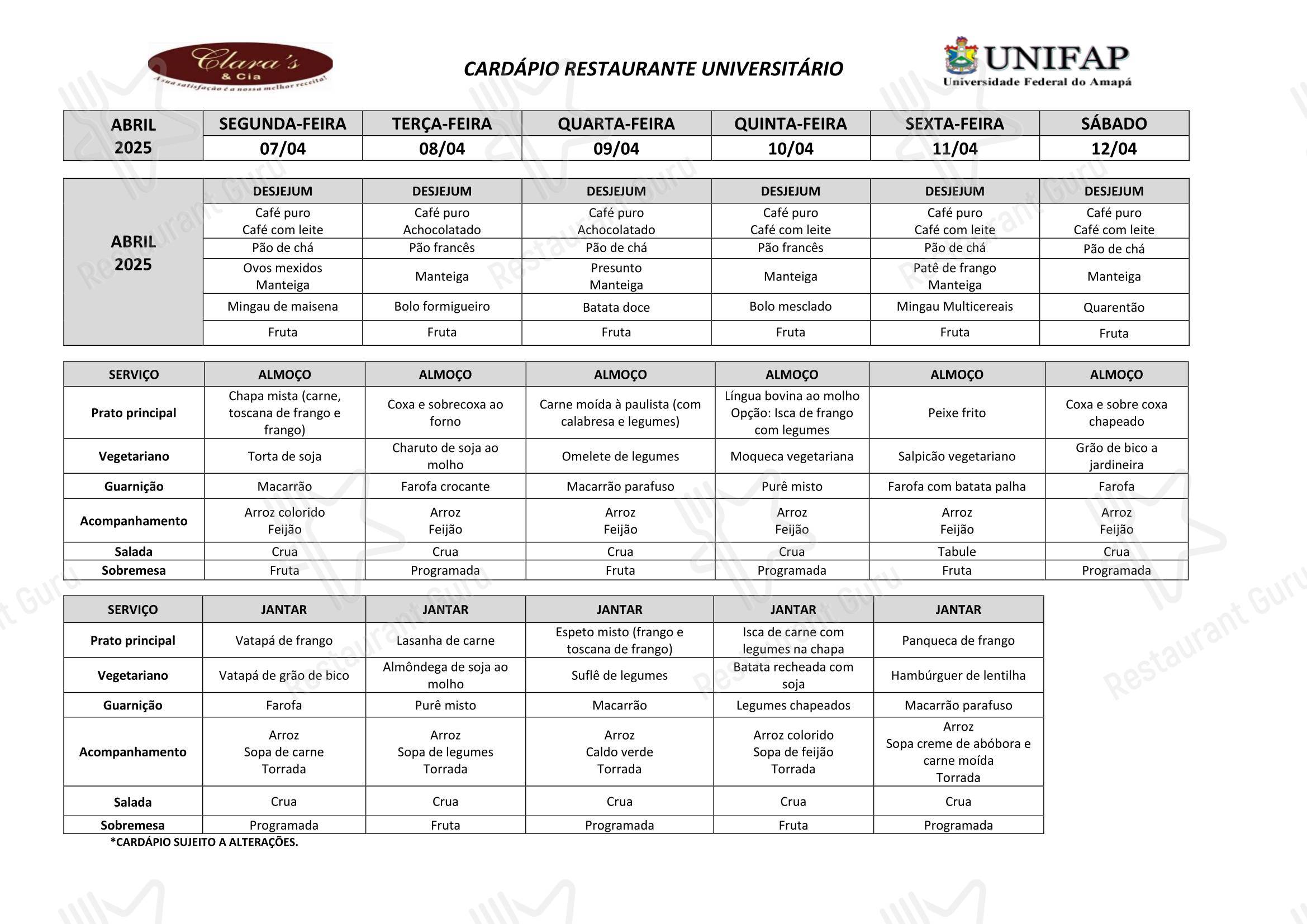Крафт меню para Restaurante Universitário - UNIFAP restaurante