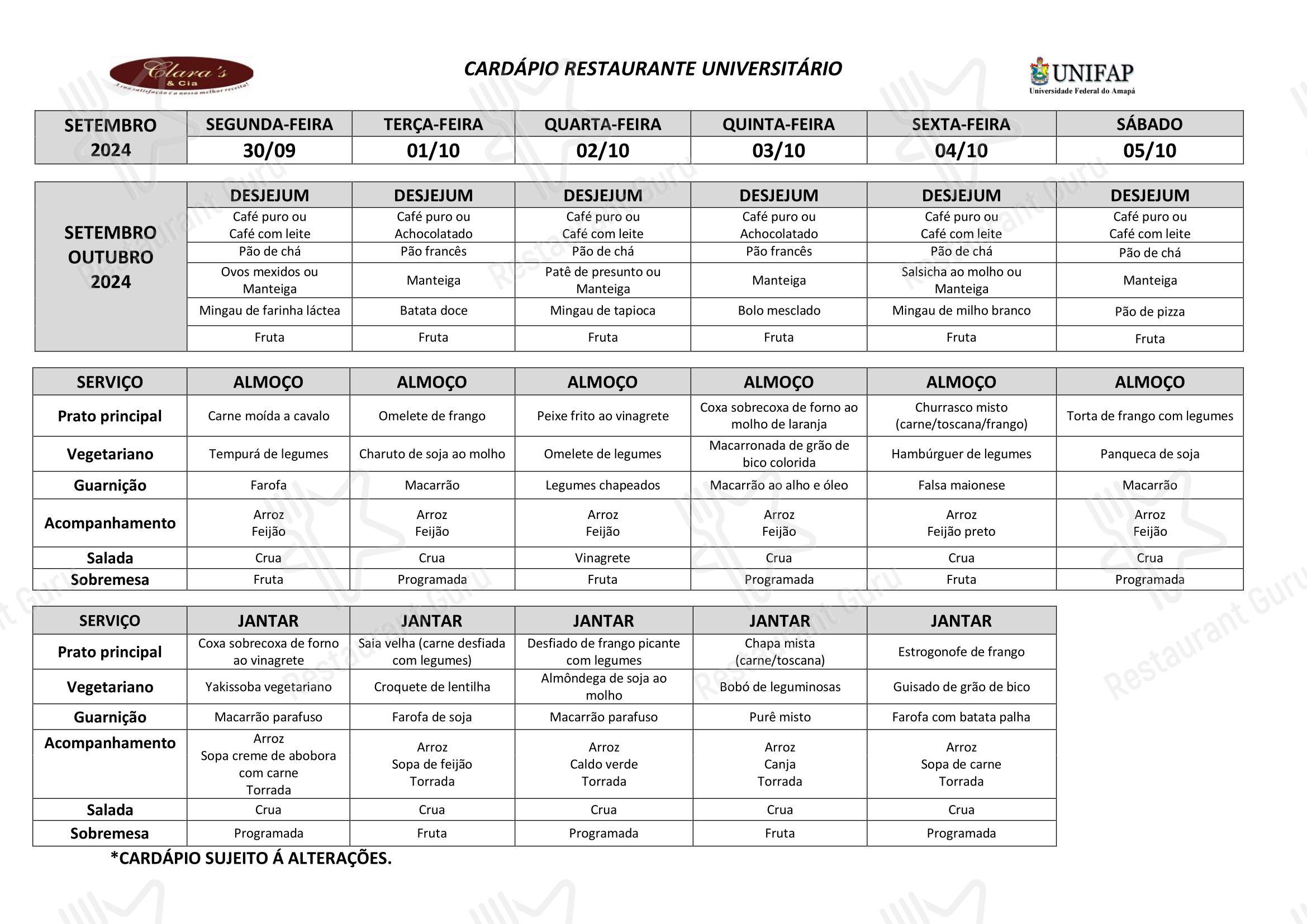 Bar menu para Restaurante Universitário - UNIFAP em Macapá