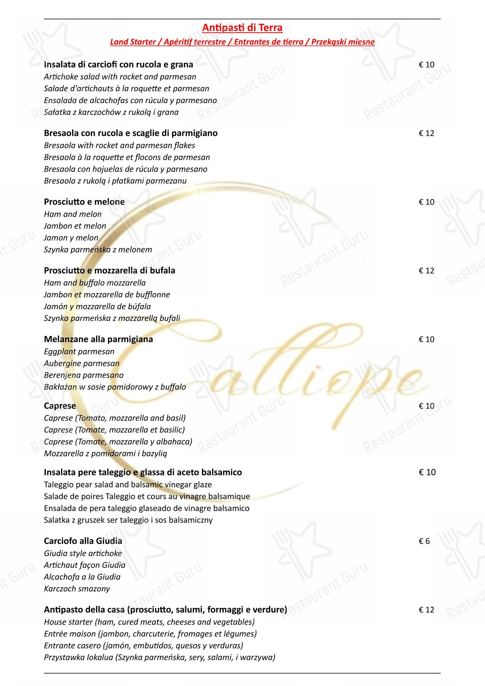 Menu bar per Ristorante Calliope in Roma