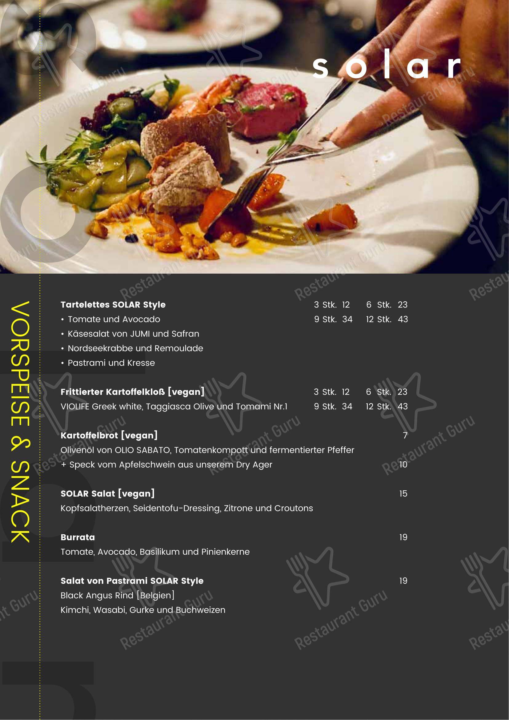 Menu pour SOLAR Sky-Bar Restaurant Lounge - Menu