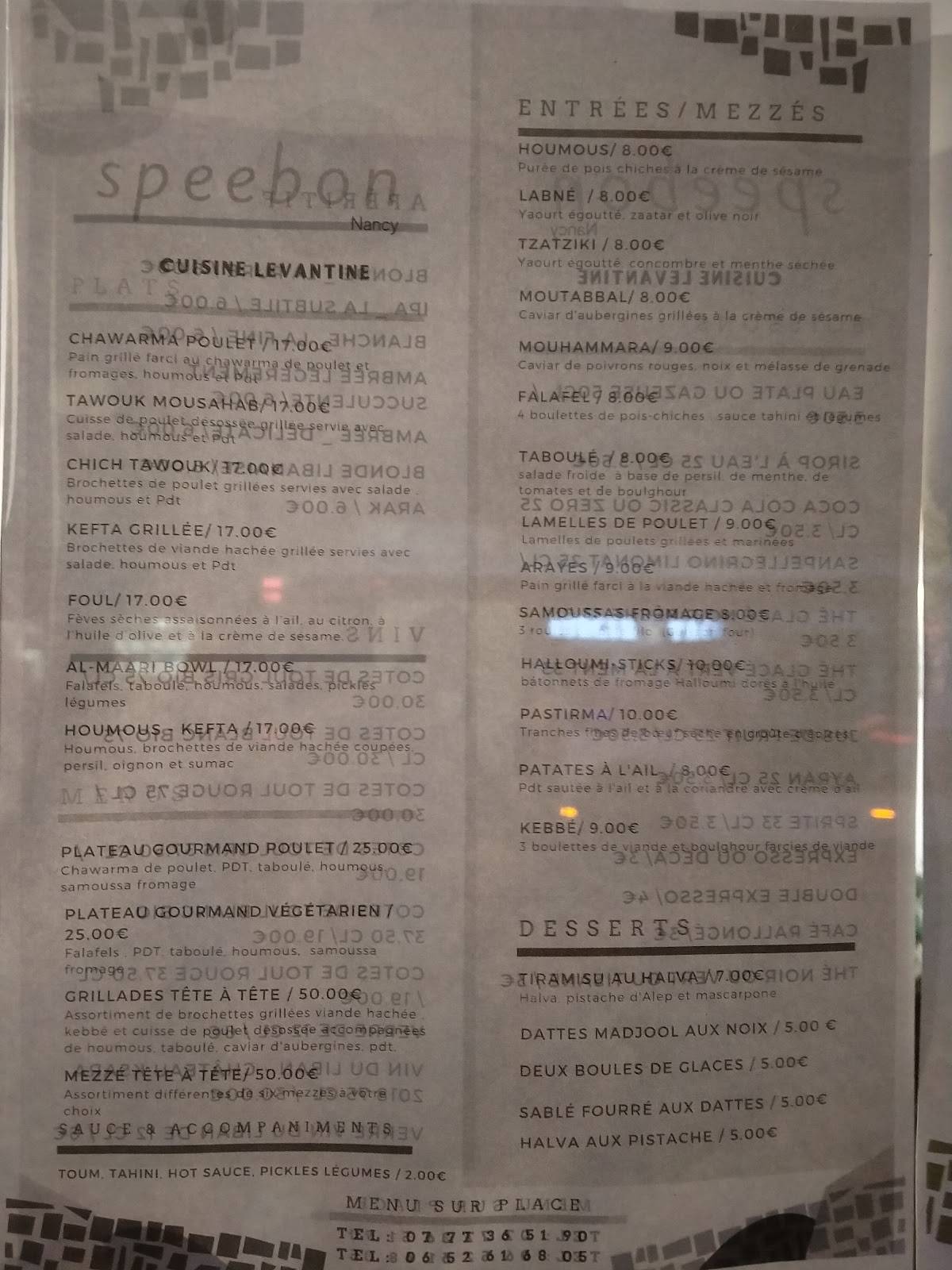 Menu de speebon - La Table Du Levant