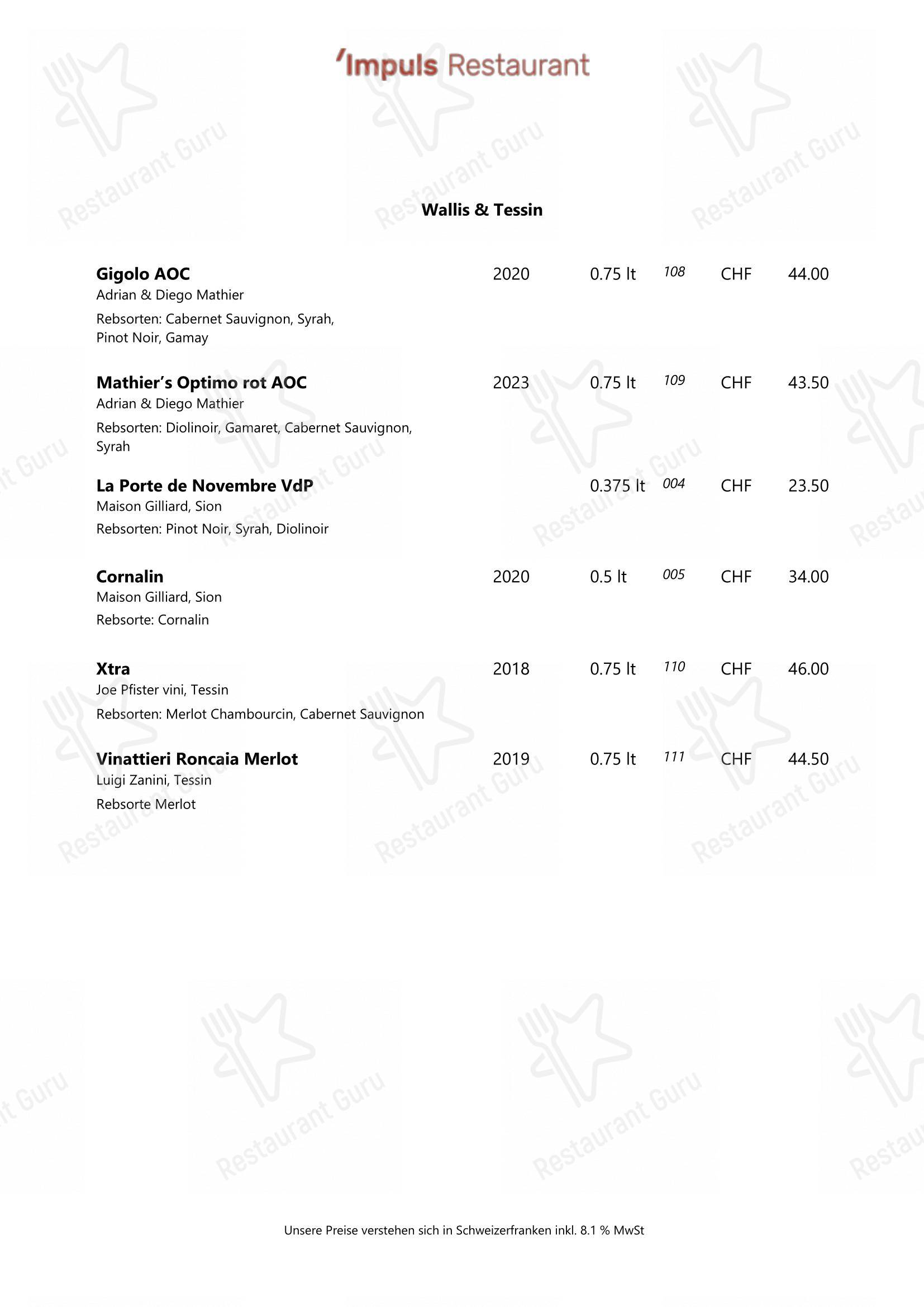 Menu bar per IMPULS - Restaurant in Wetzikon