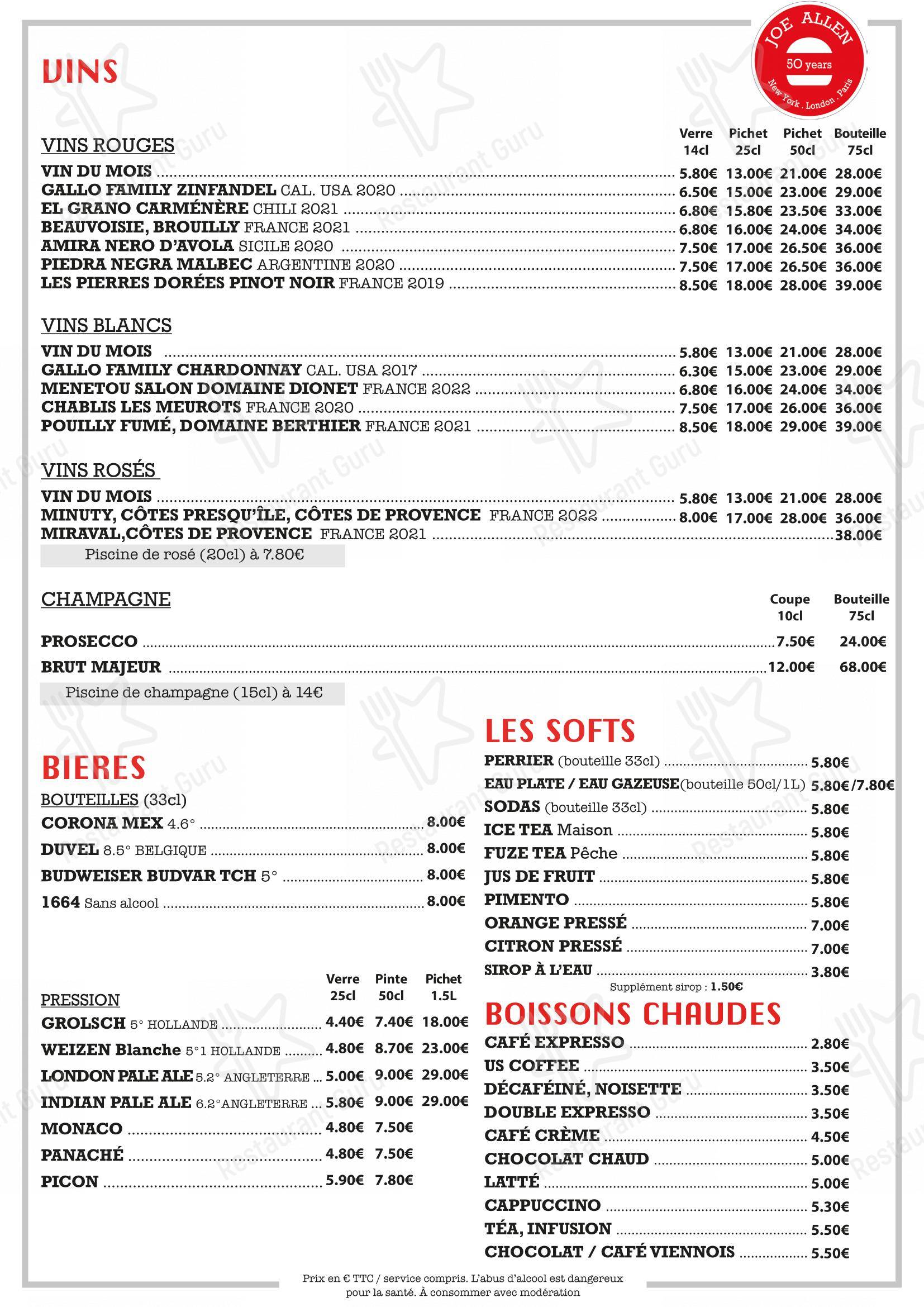 Joe Allen dans Paris - Menu