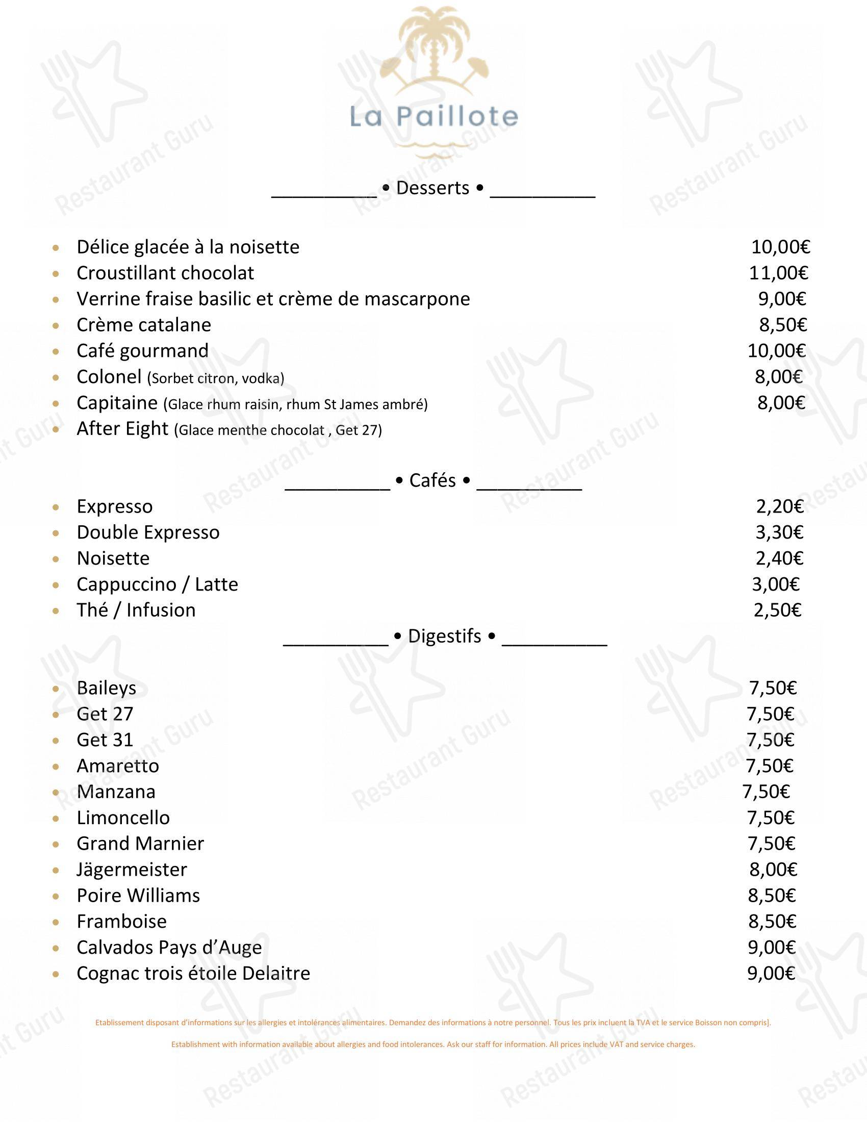 Menu pour La Paillote dans Canet-en-Roussillon