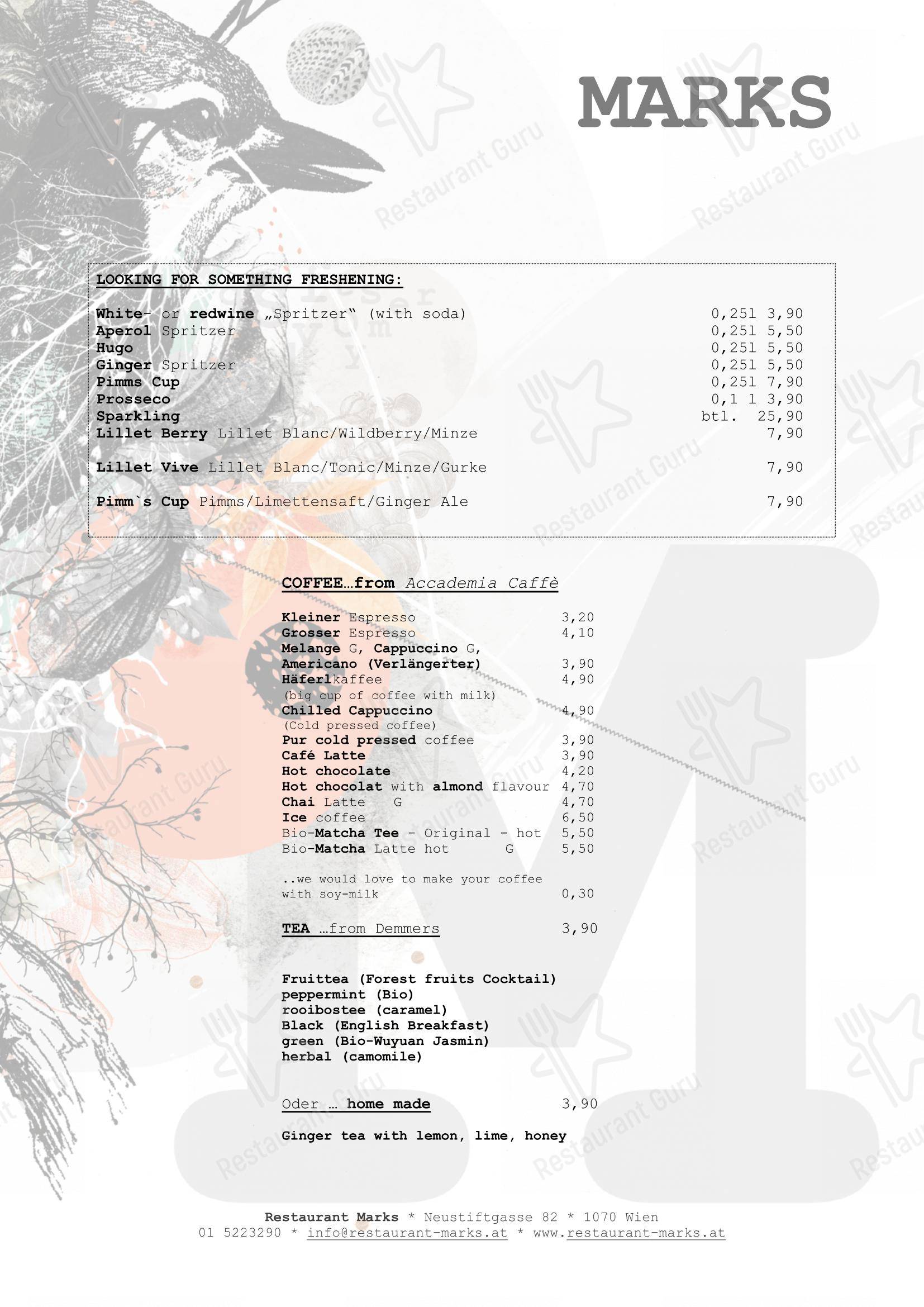Menu pour Marks restaurant