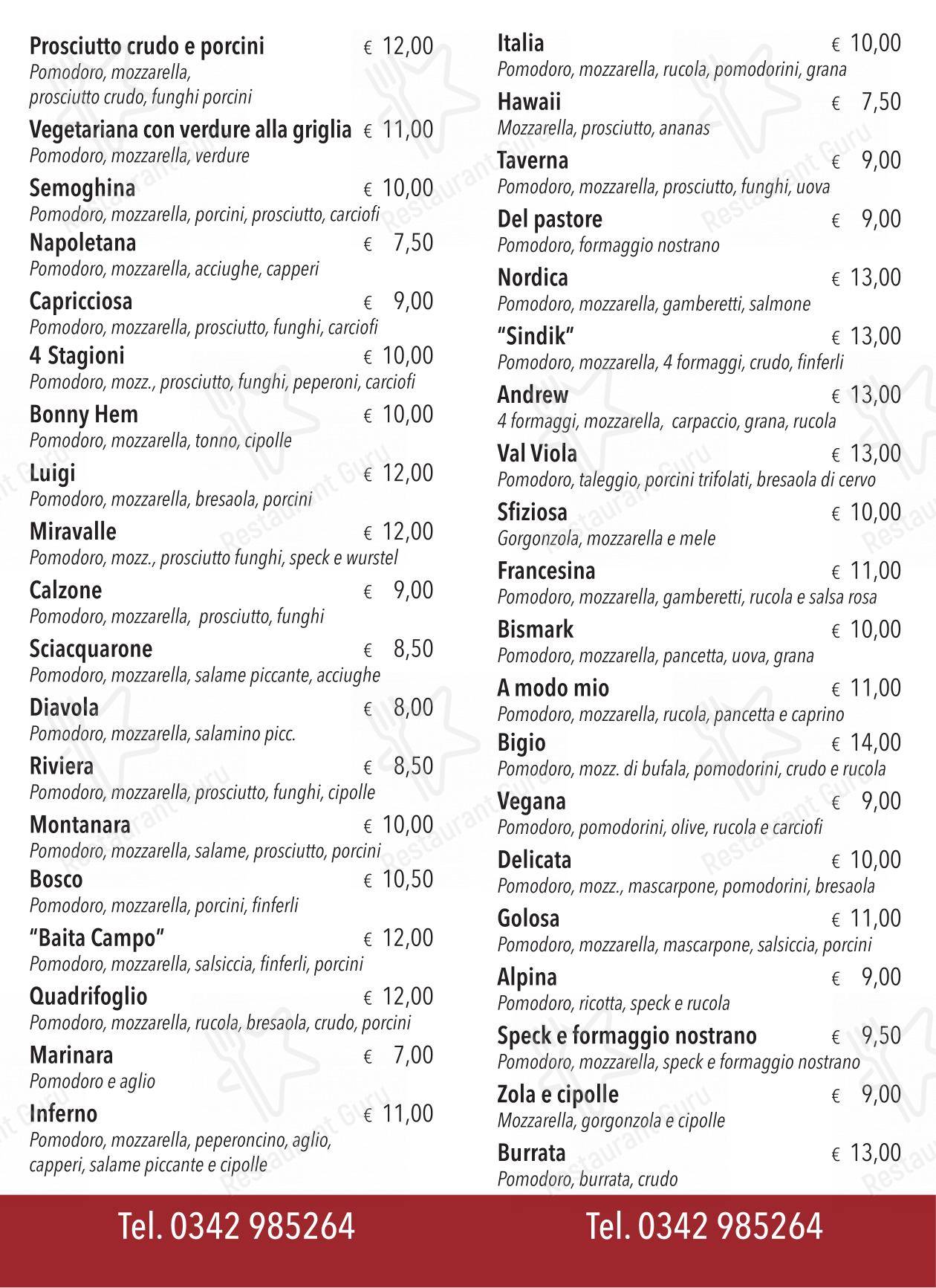 Menu bar per Ristorante Le Motte pizzeria