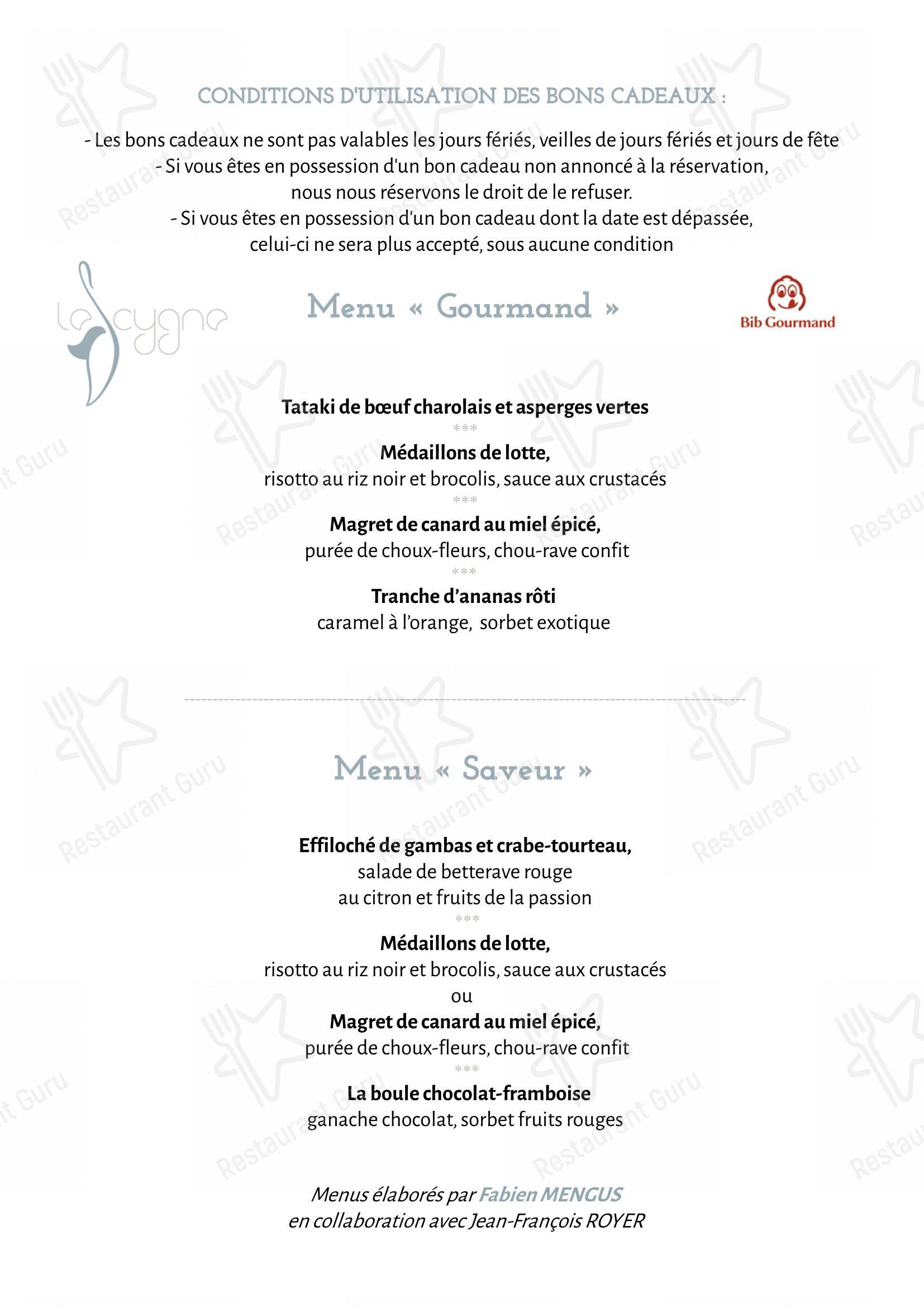 Menu pour Restaurant Le Cygne restaurant