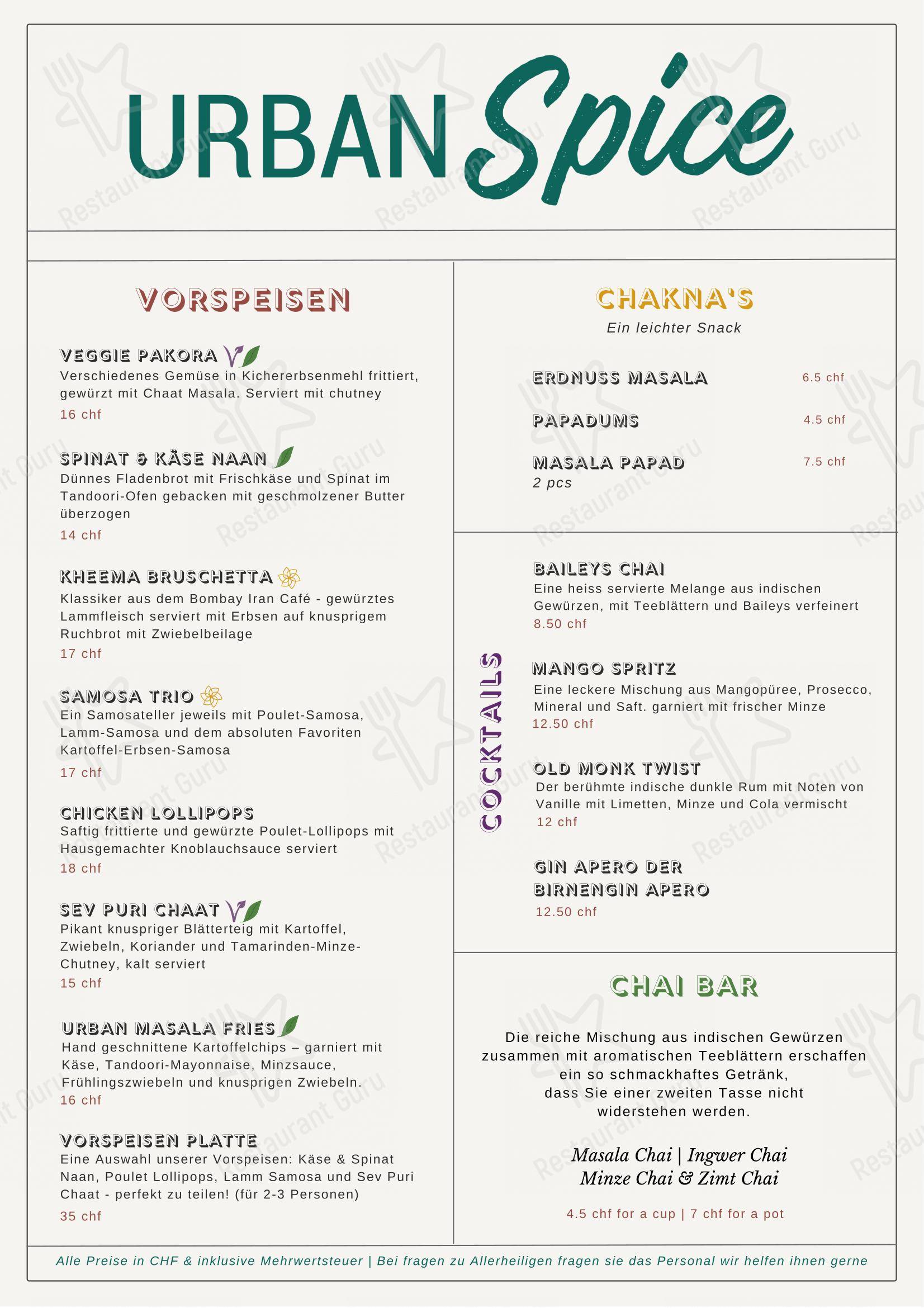 Menu di Restaurant Urban Spice - Основное меню