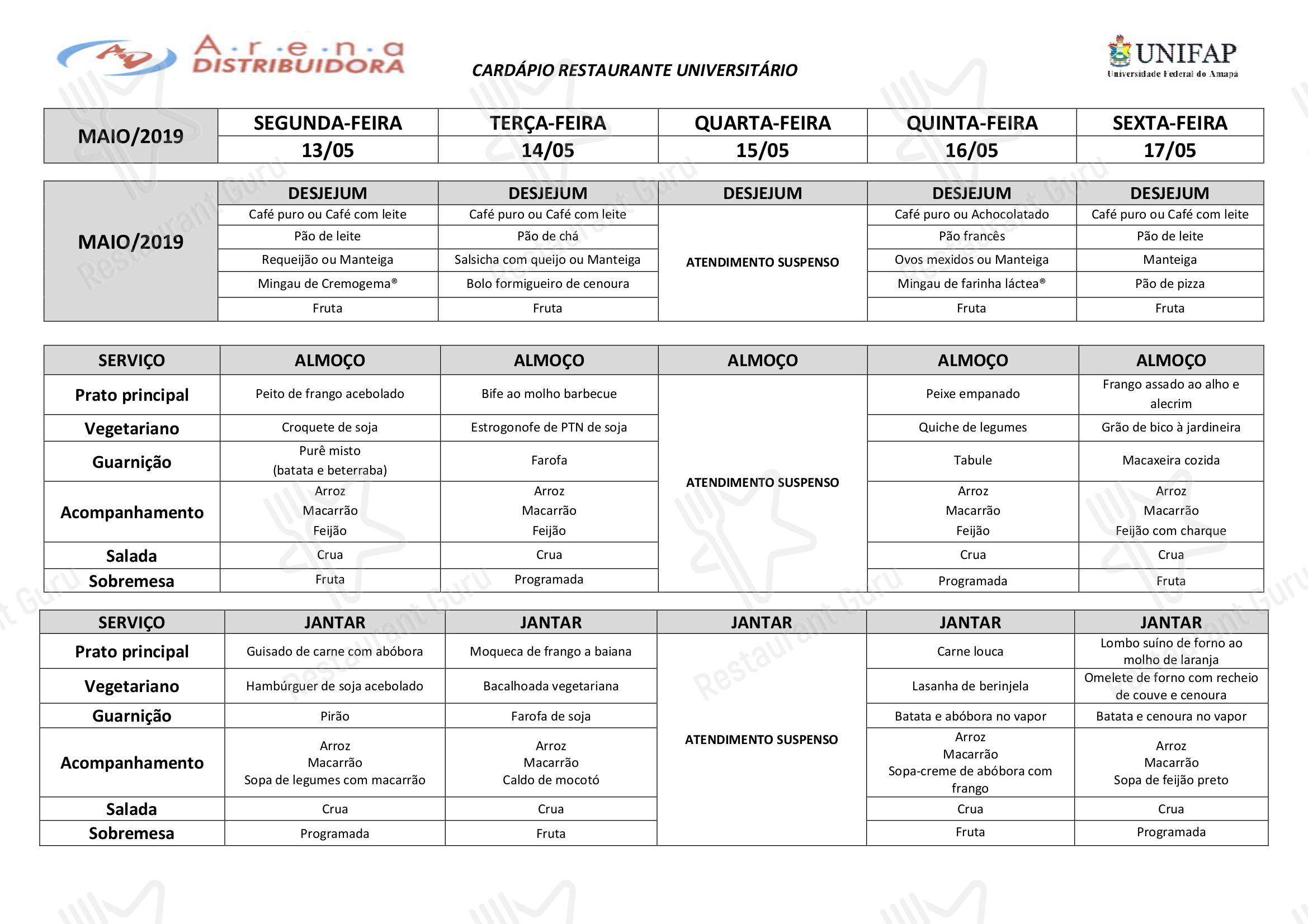 Restaurante Universitário - UNIFAP - Fall 2019 Menu