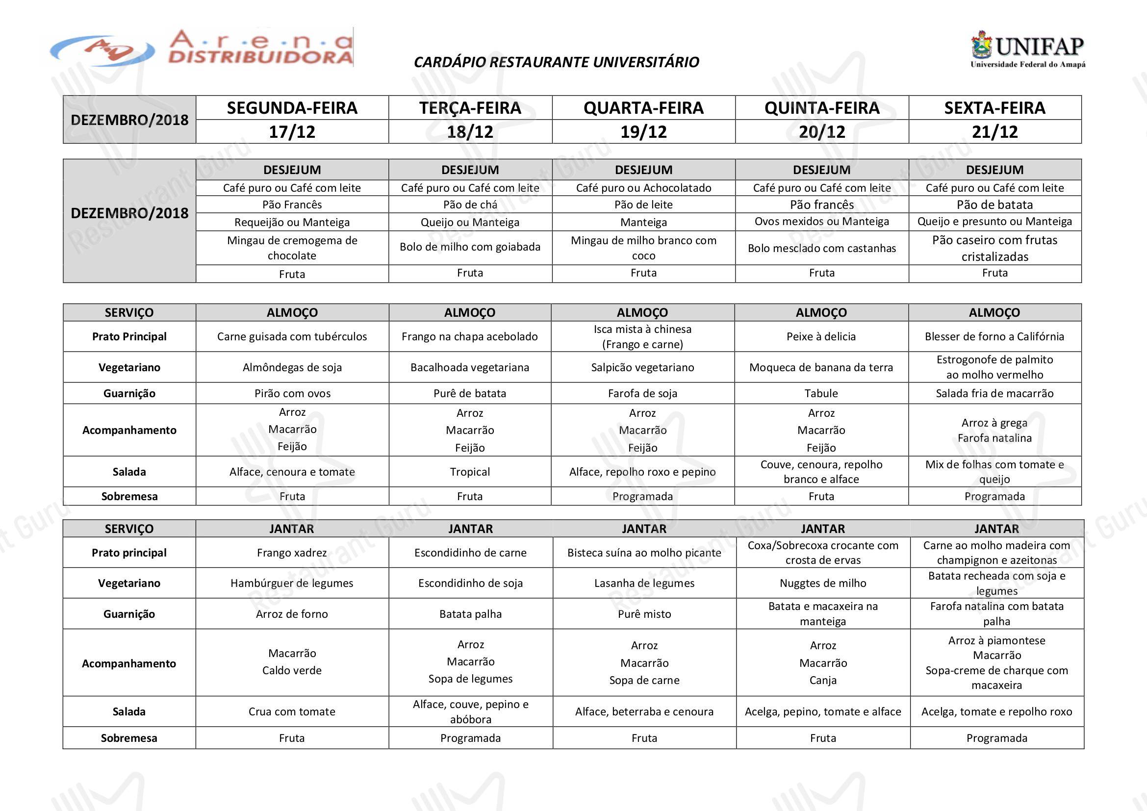 Menu kitchen para Restaurante Universitário - UNIFAP restaurante