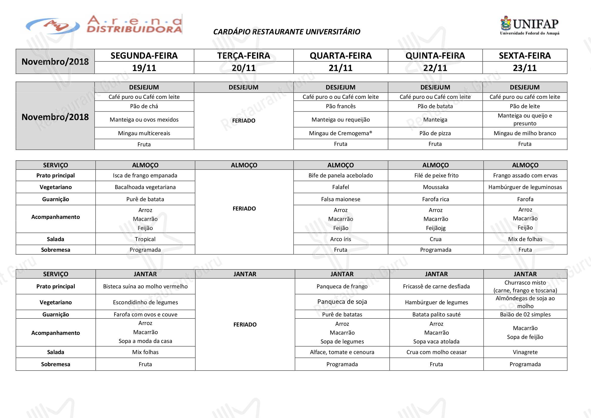 Restaurante Universitário - UNIFAP em Macapá - Food and Drink Menu