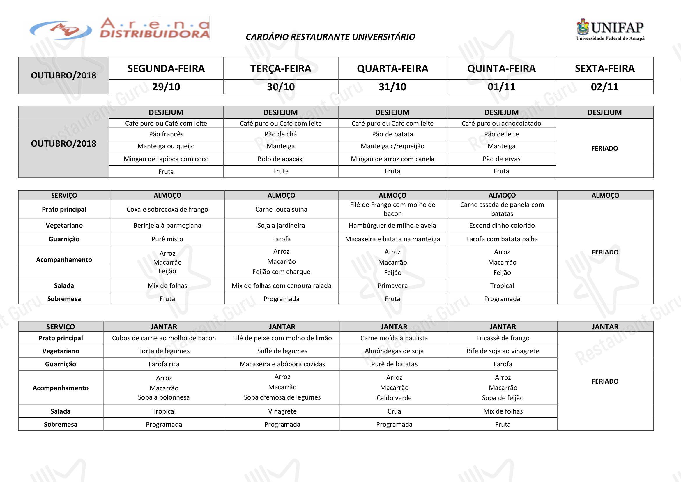 MENUS ET CARTE para Restaurante Universitário - UNIFAP restaurante
