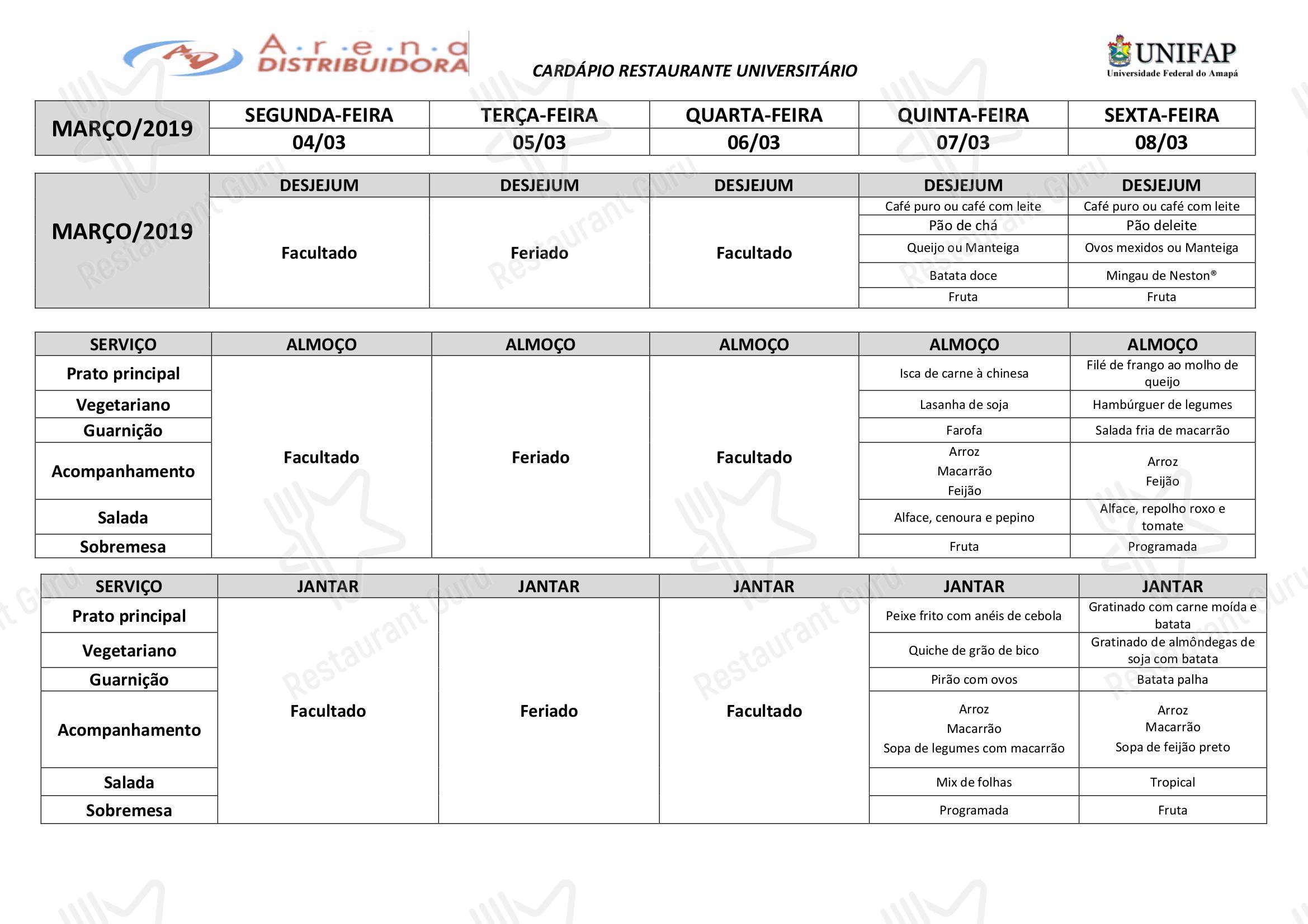 Gluten Sensitive Menu para Restaurante Universitário - UNIFAP restaurante