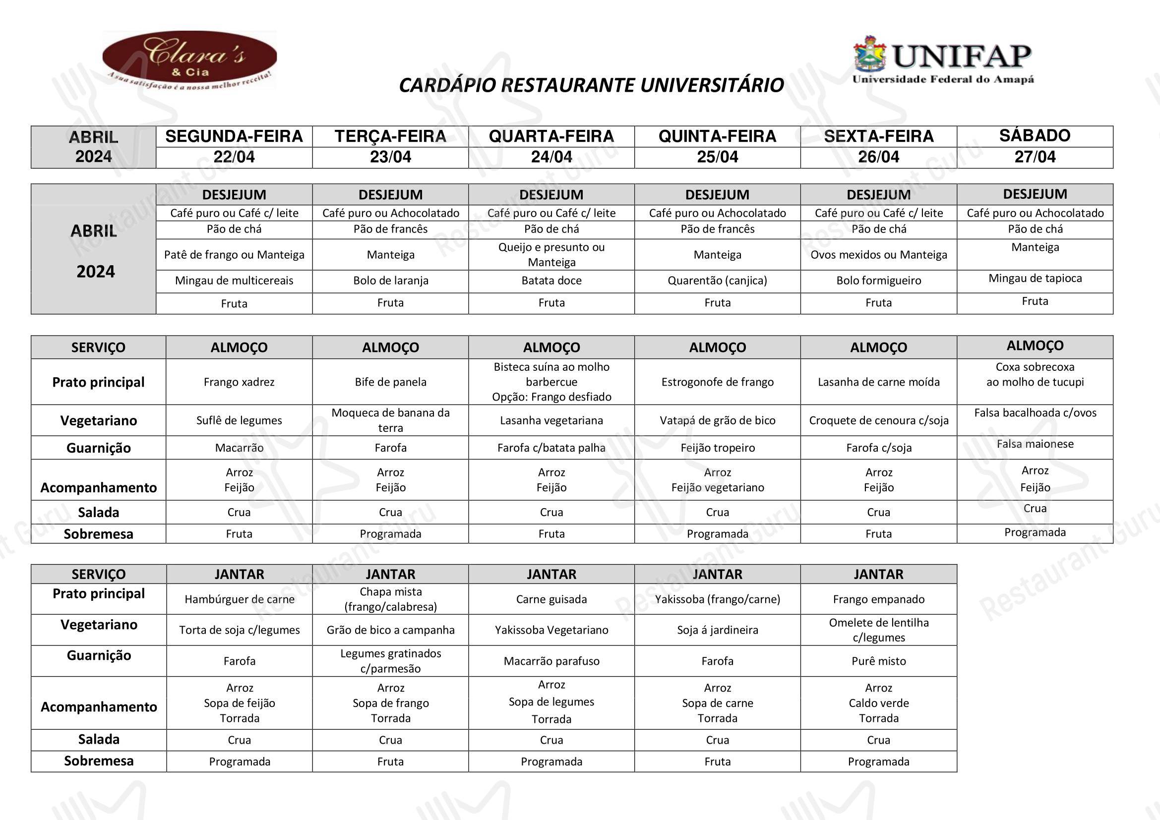 Menu Food para Restaurante Universitário - UNIFAP restaurante