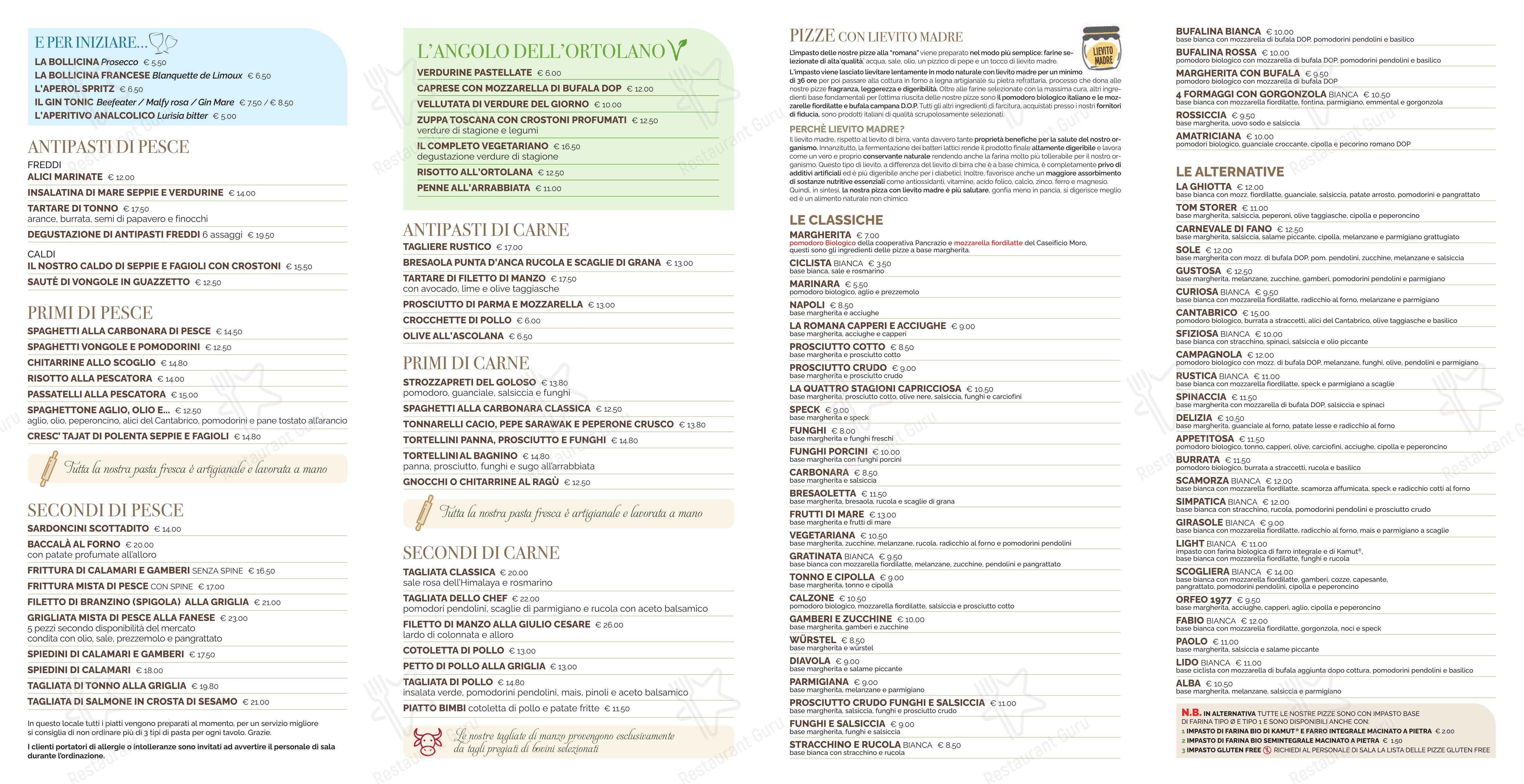 Menu di Ristorante Pizzeria Orfeo - Menu