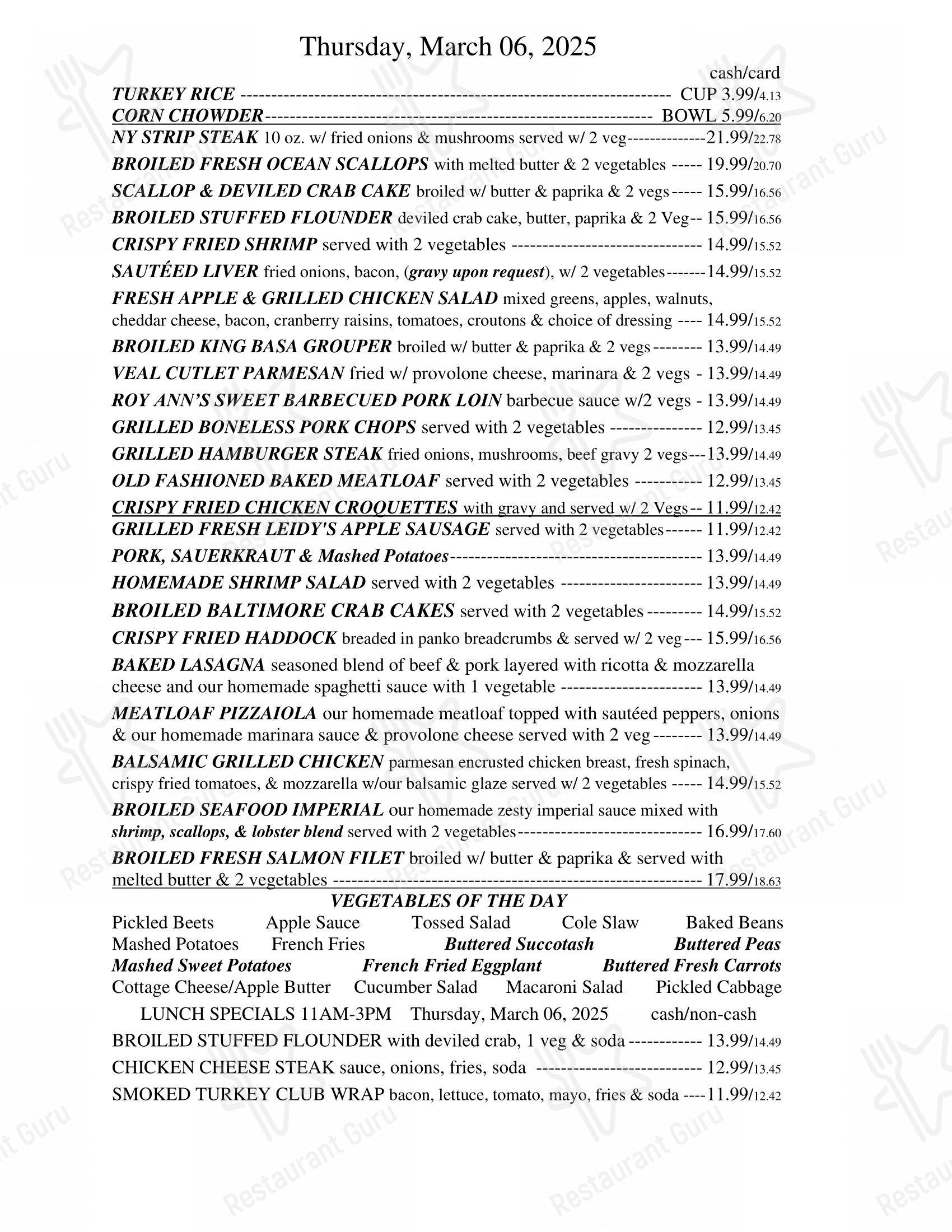 Menu at roy ann diner restaurant sellersville bethlehem pike