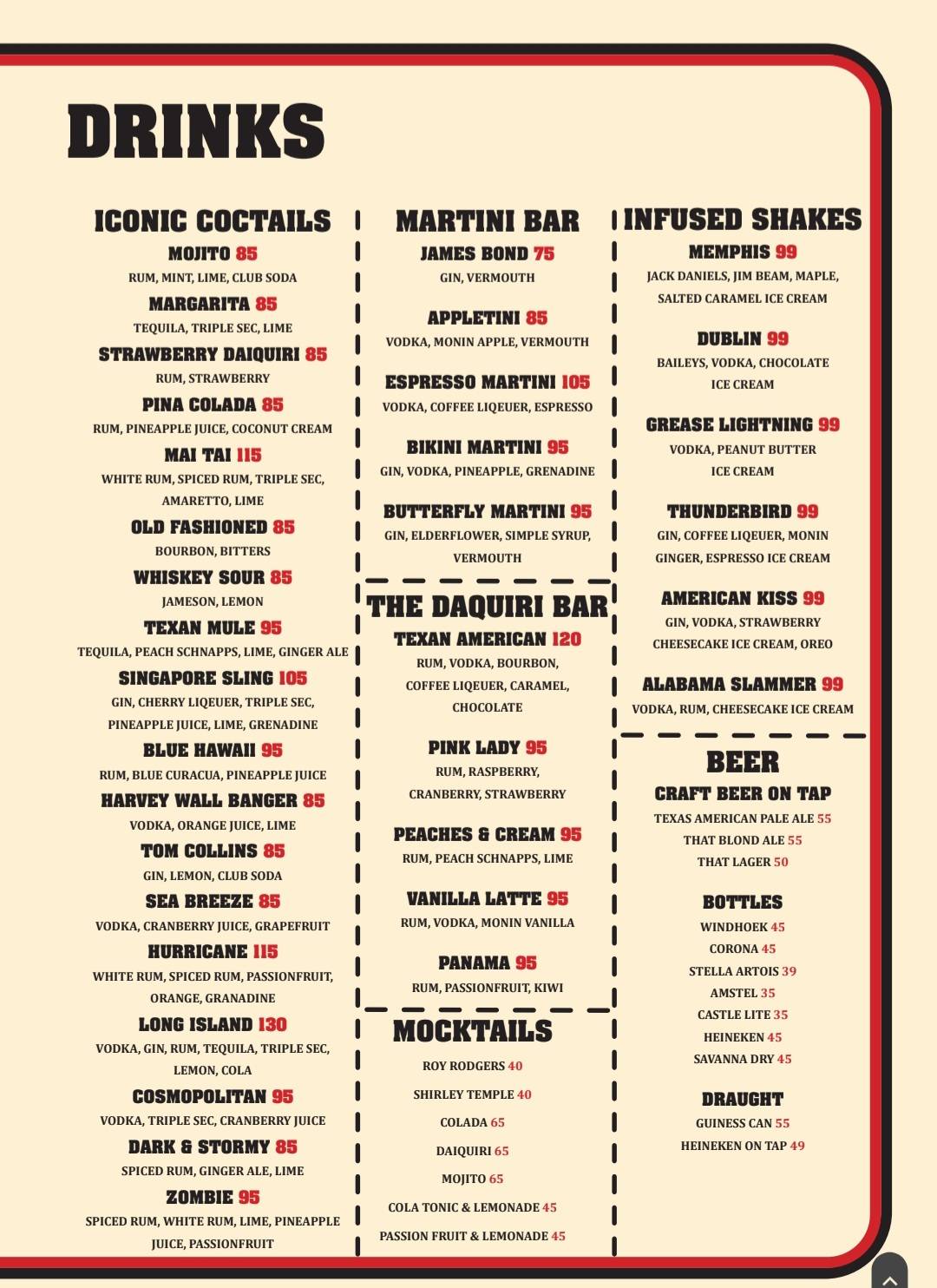 Menu at Texas American restaurant, Durban