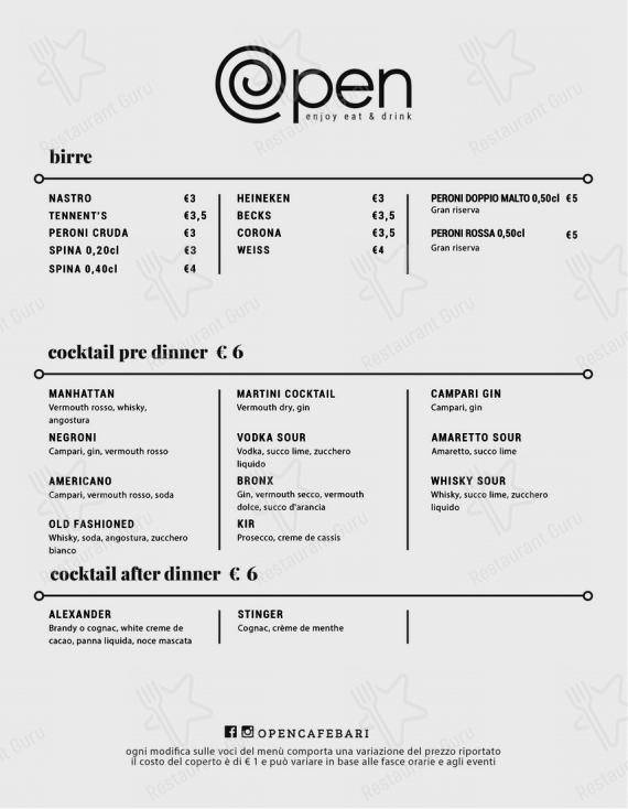 Menu bar per Opencafè pub & bar