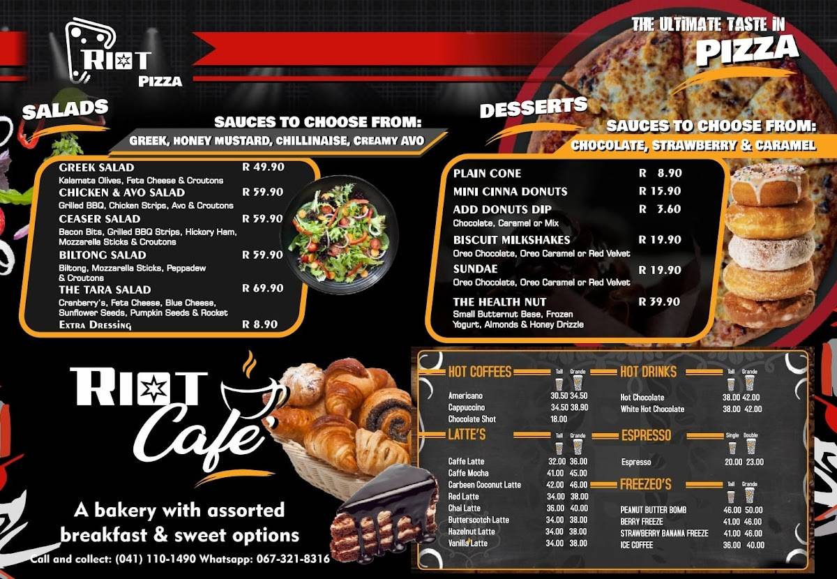 Menu at Riot Pizza manufacturing restaurant, Port Elizabeth