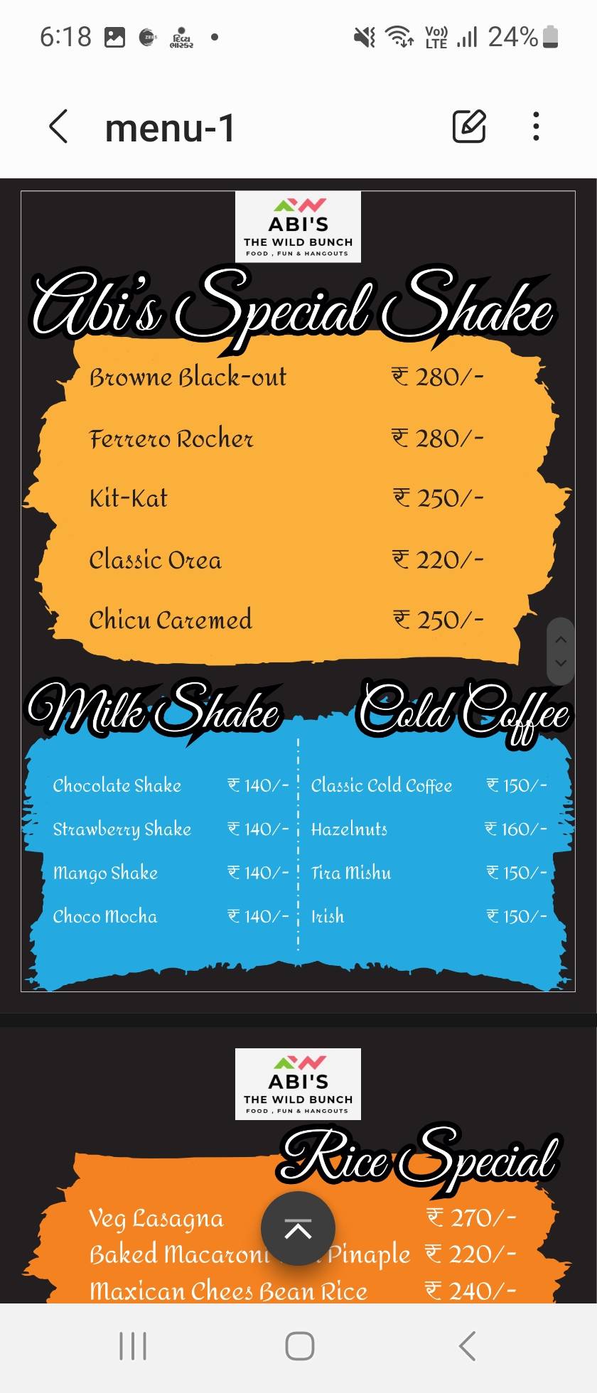 ABI'S CAFE menu