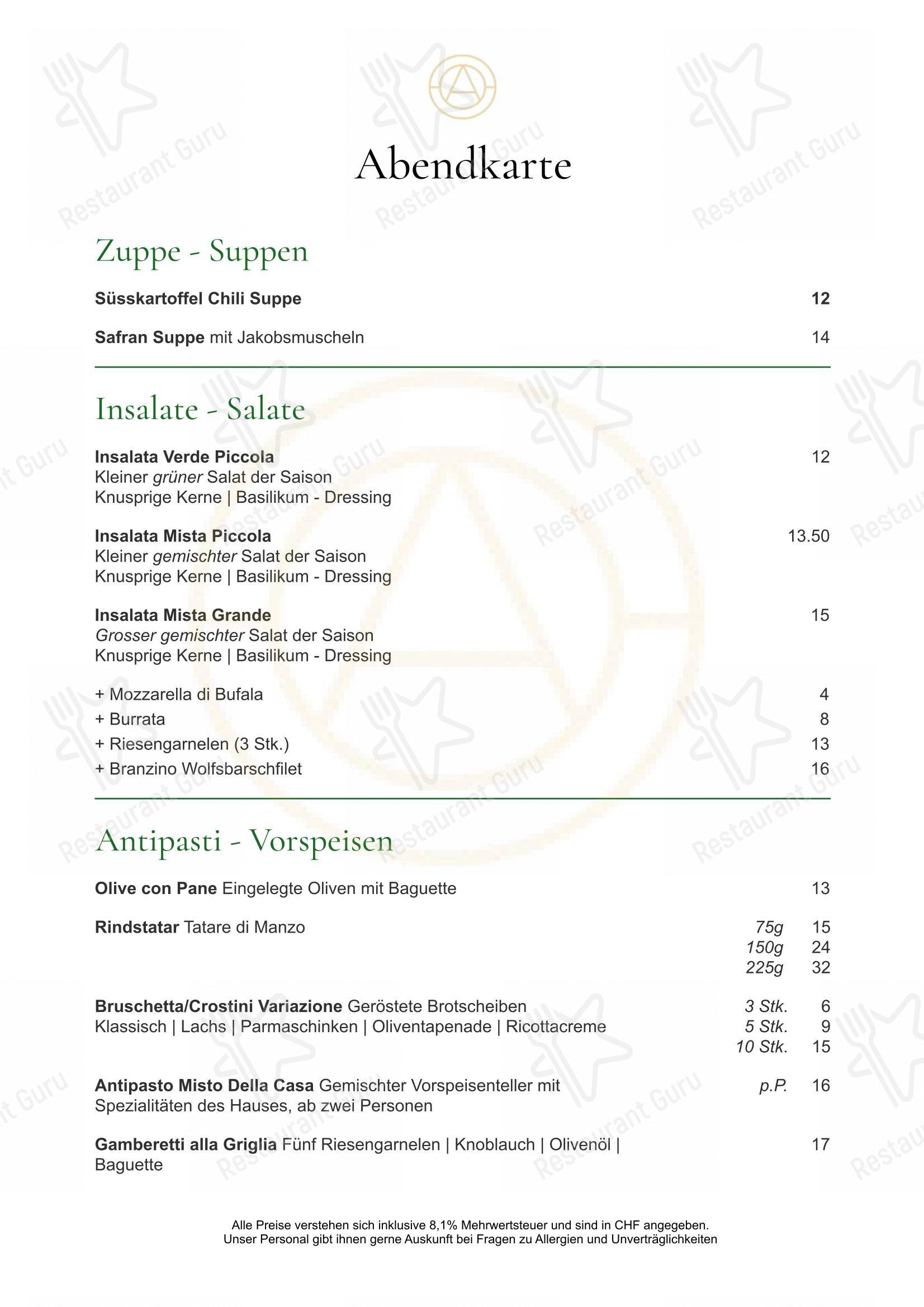 Основное меню per ATTICA Restaurant ristorante