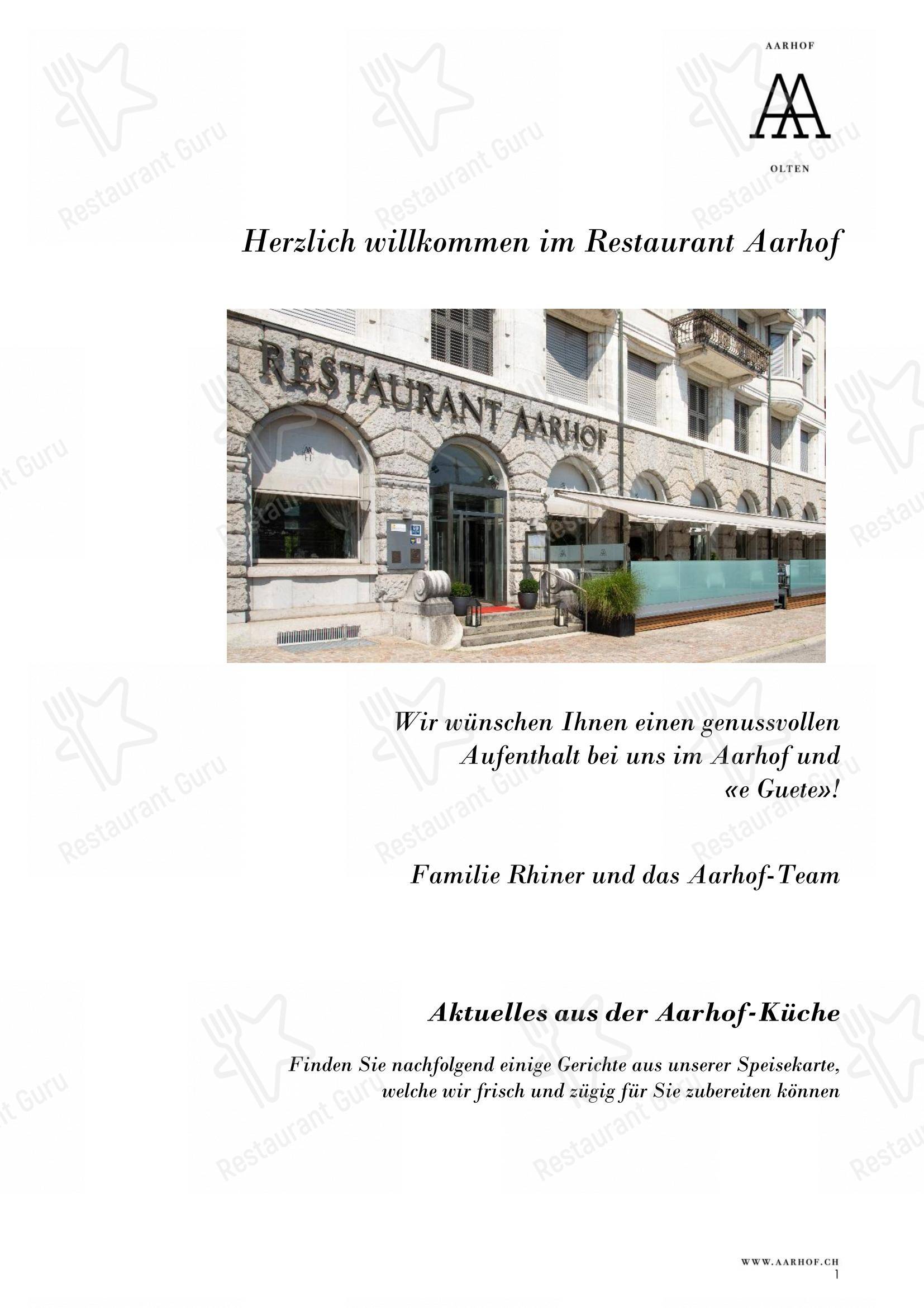 Menu pour Restaurant Aarhof dans Olten