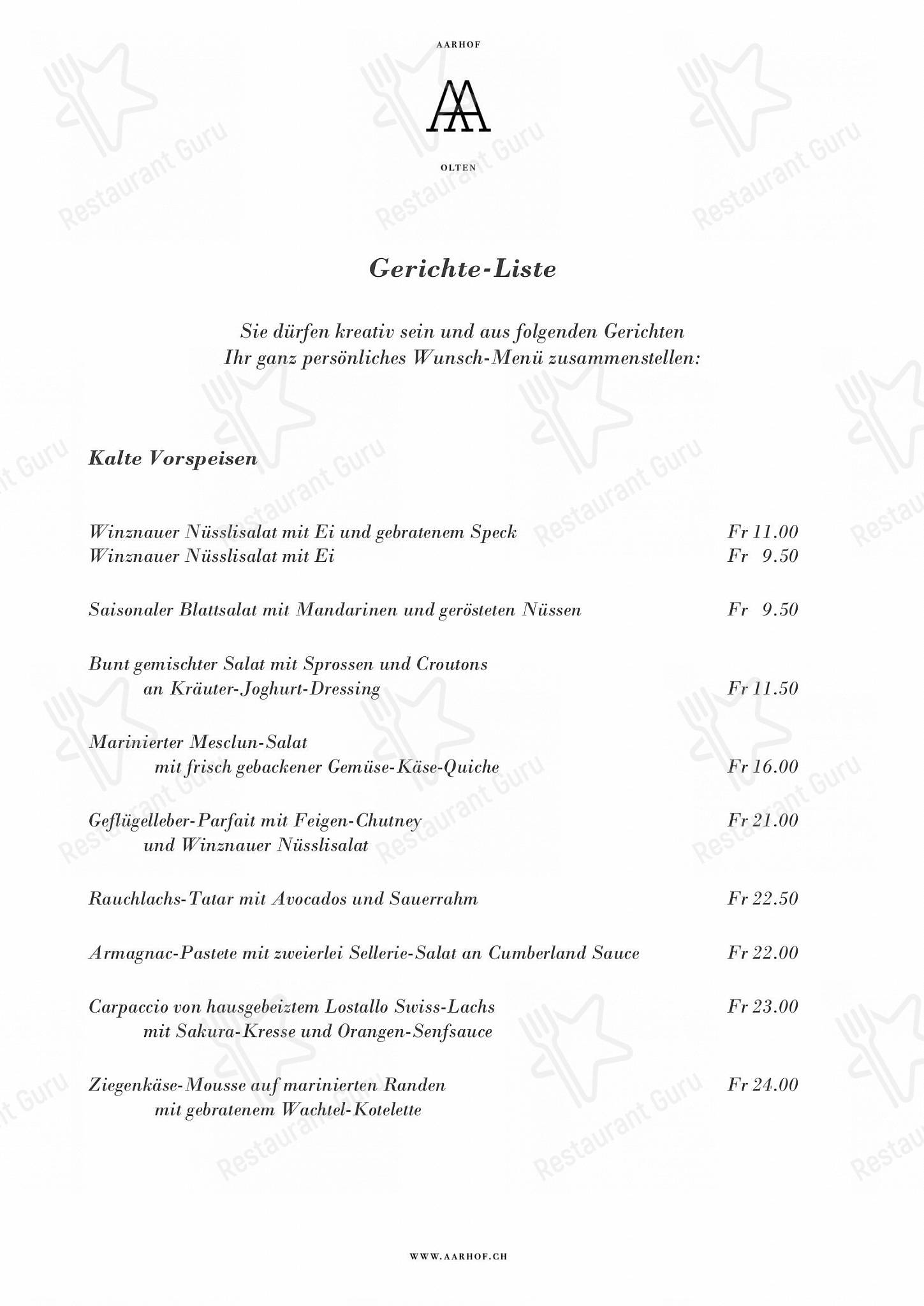 Коктейльная карта pour Restaurant Aarhof dans Olten