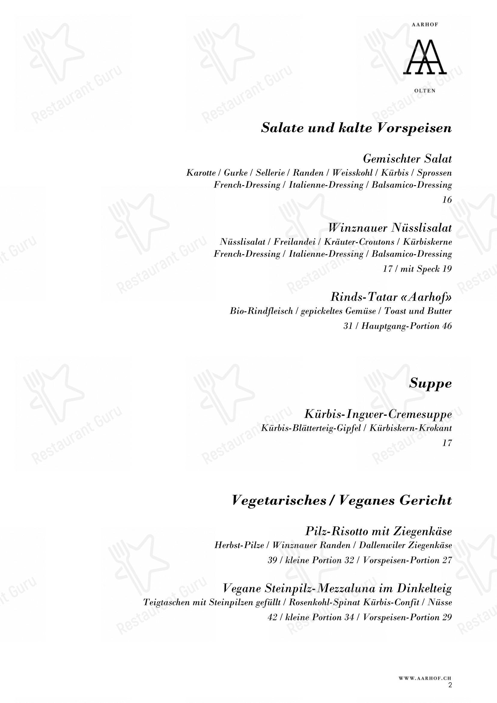Menu pour Restaurant Aarhof - Menu
