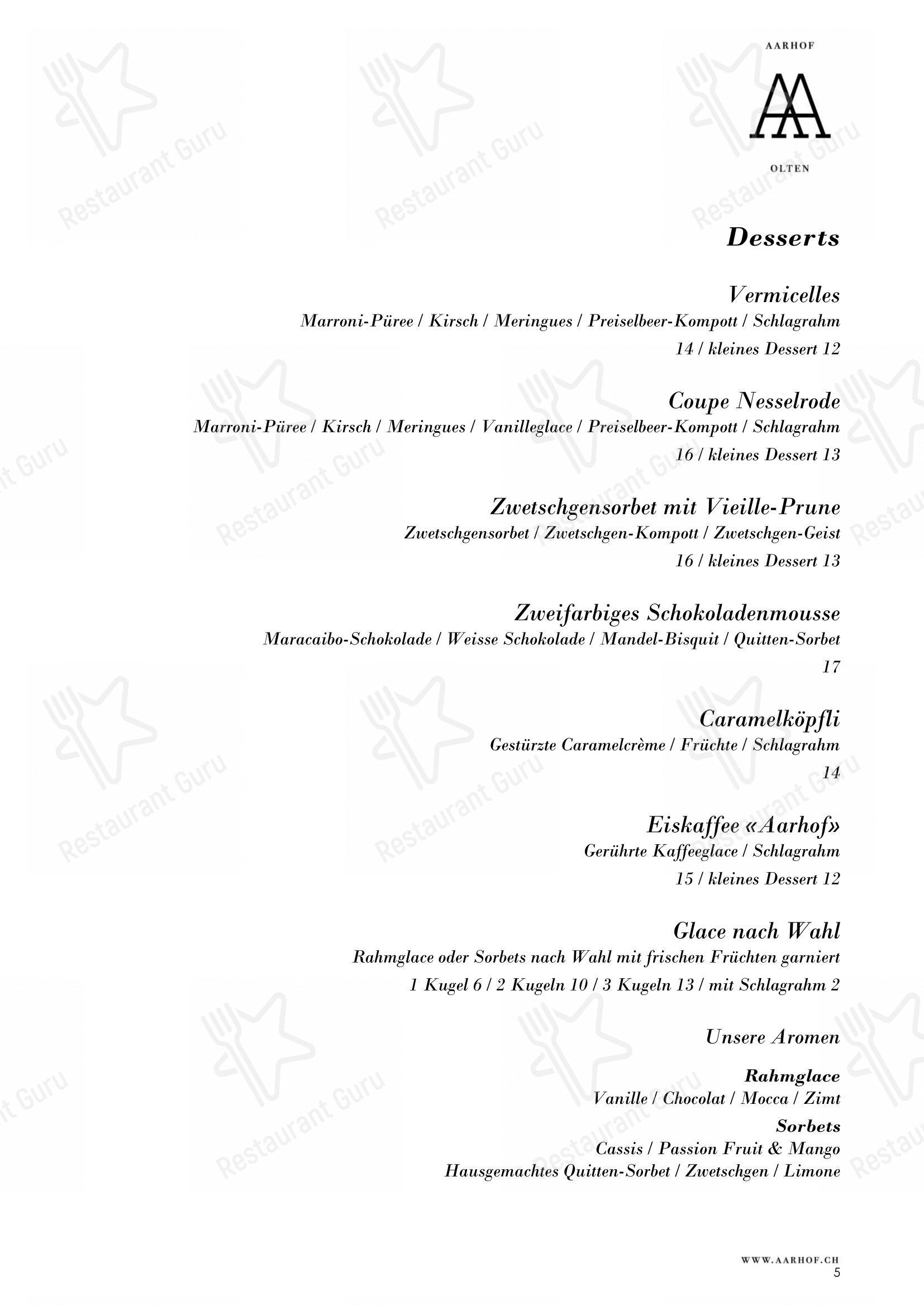 Restaurant Aarhof dans Olten - Menu