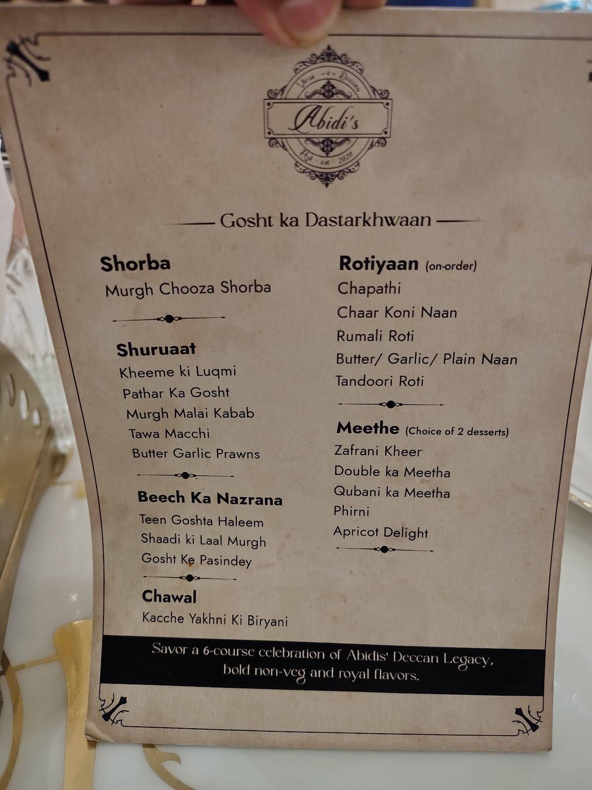 Abidi's Virsa-e-Deccan menu