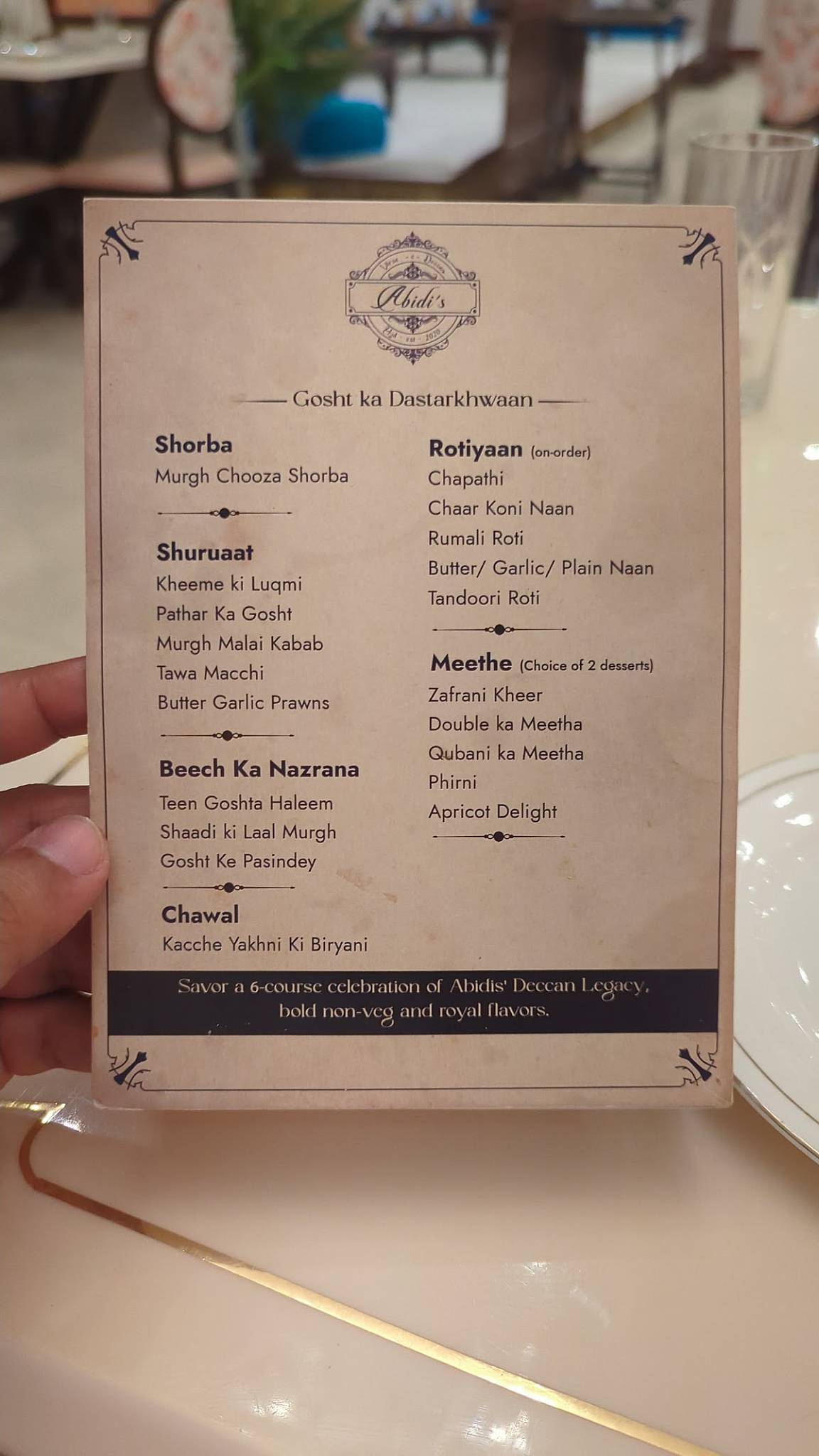 Abidi's Virsa-e-Deccan menu