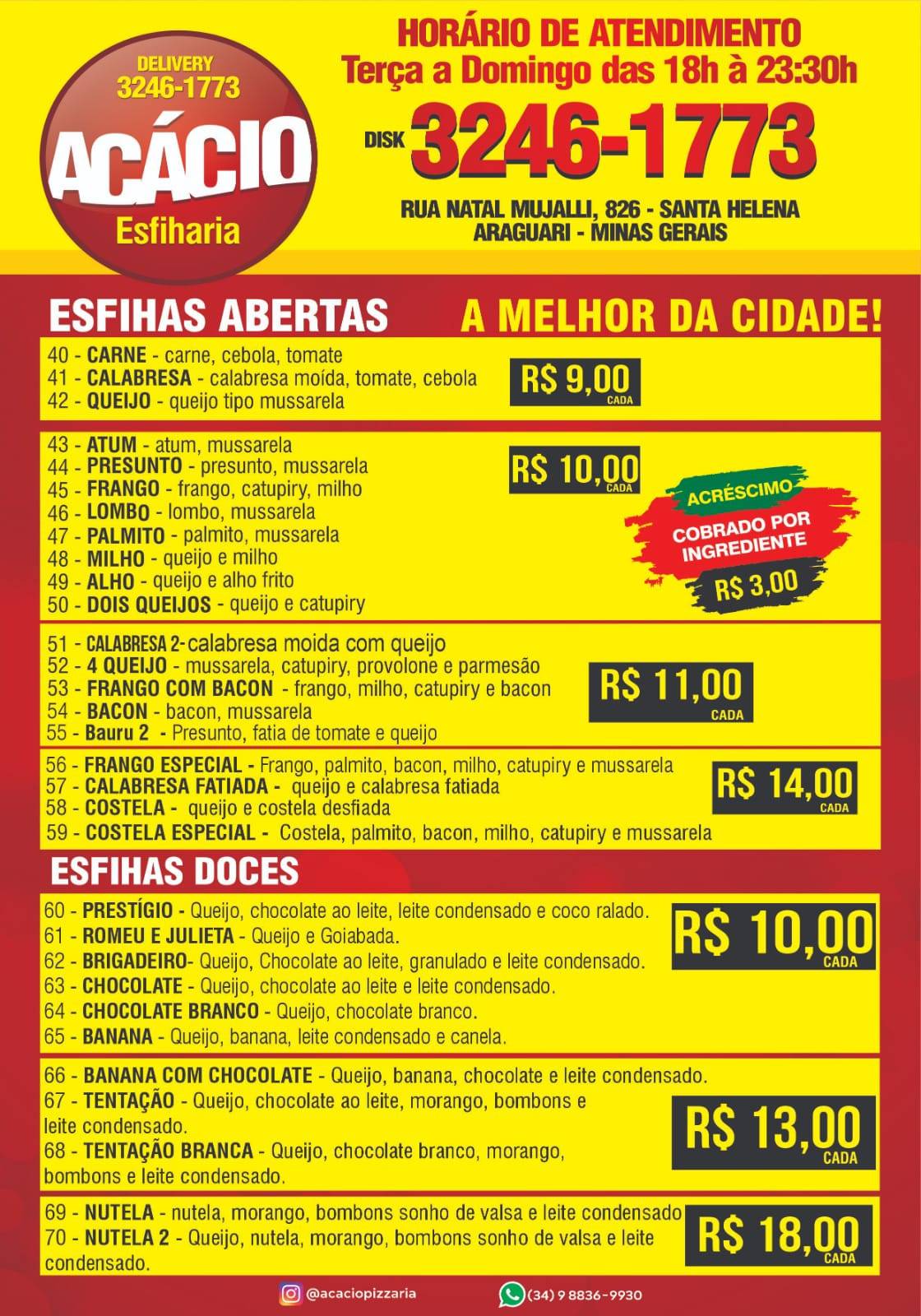 Acacio pizzaria e esfiharia cardápio
