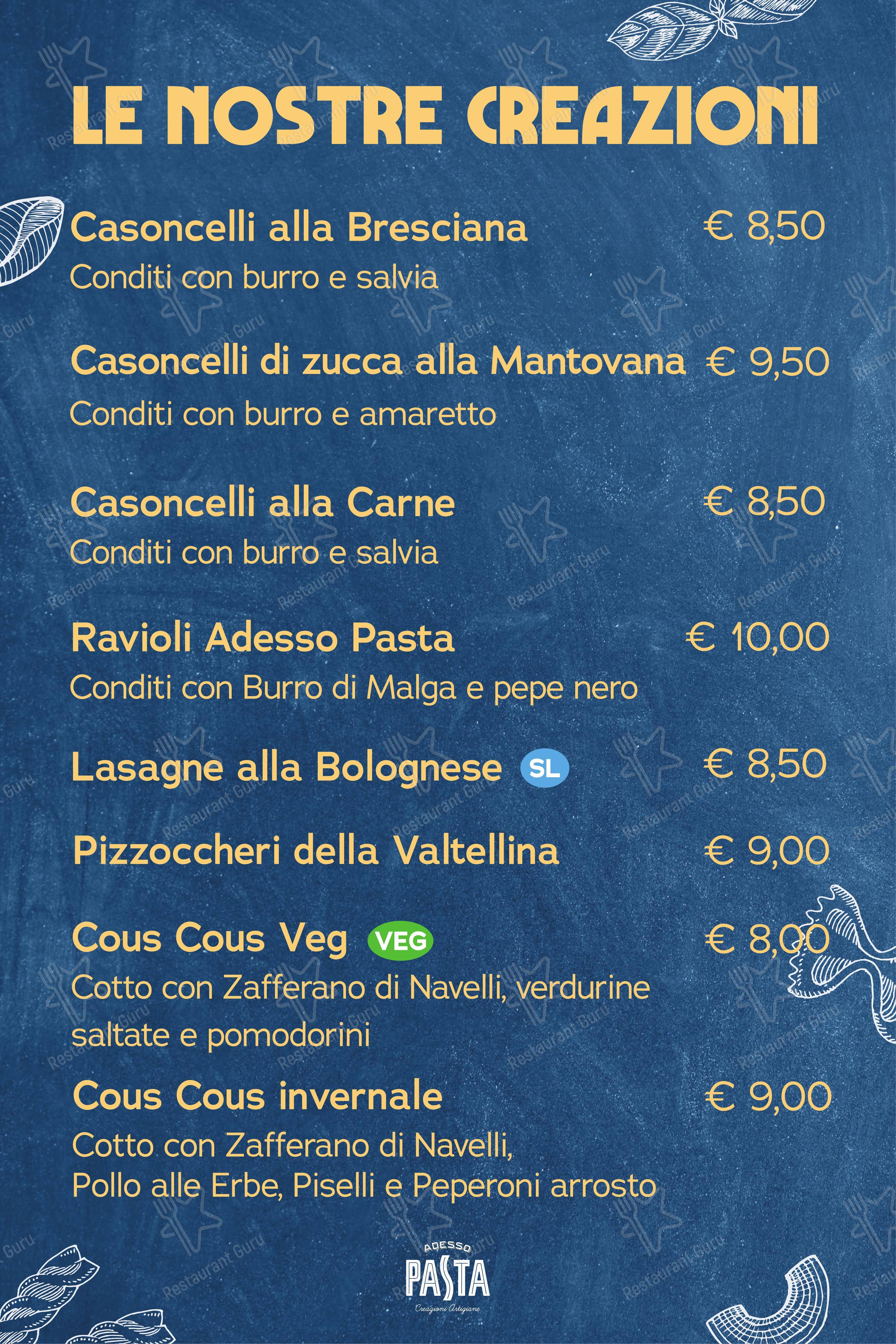 Adesso Pasta - Creazioni Artigiane in Brescia - Menu