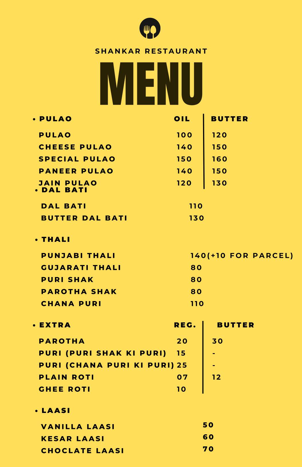 Shankar Restaurant menu