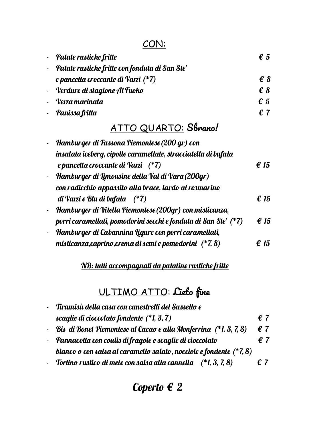 Menu di Al Fuoko 