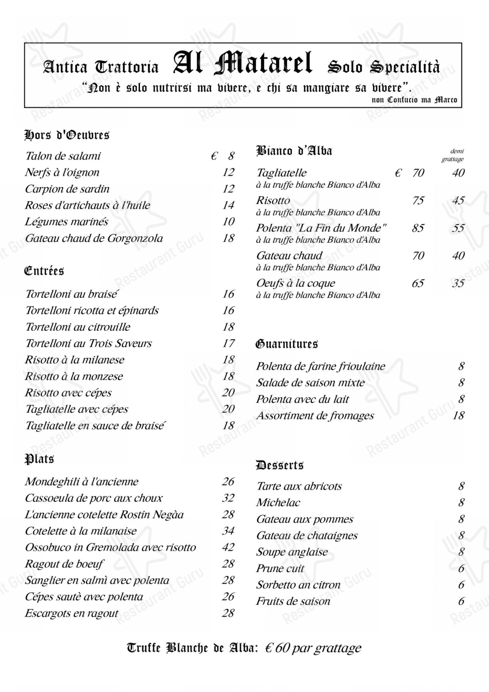 菜单 per Al Matarel in Milano