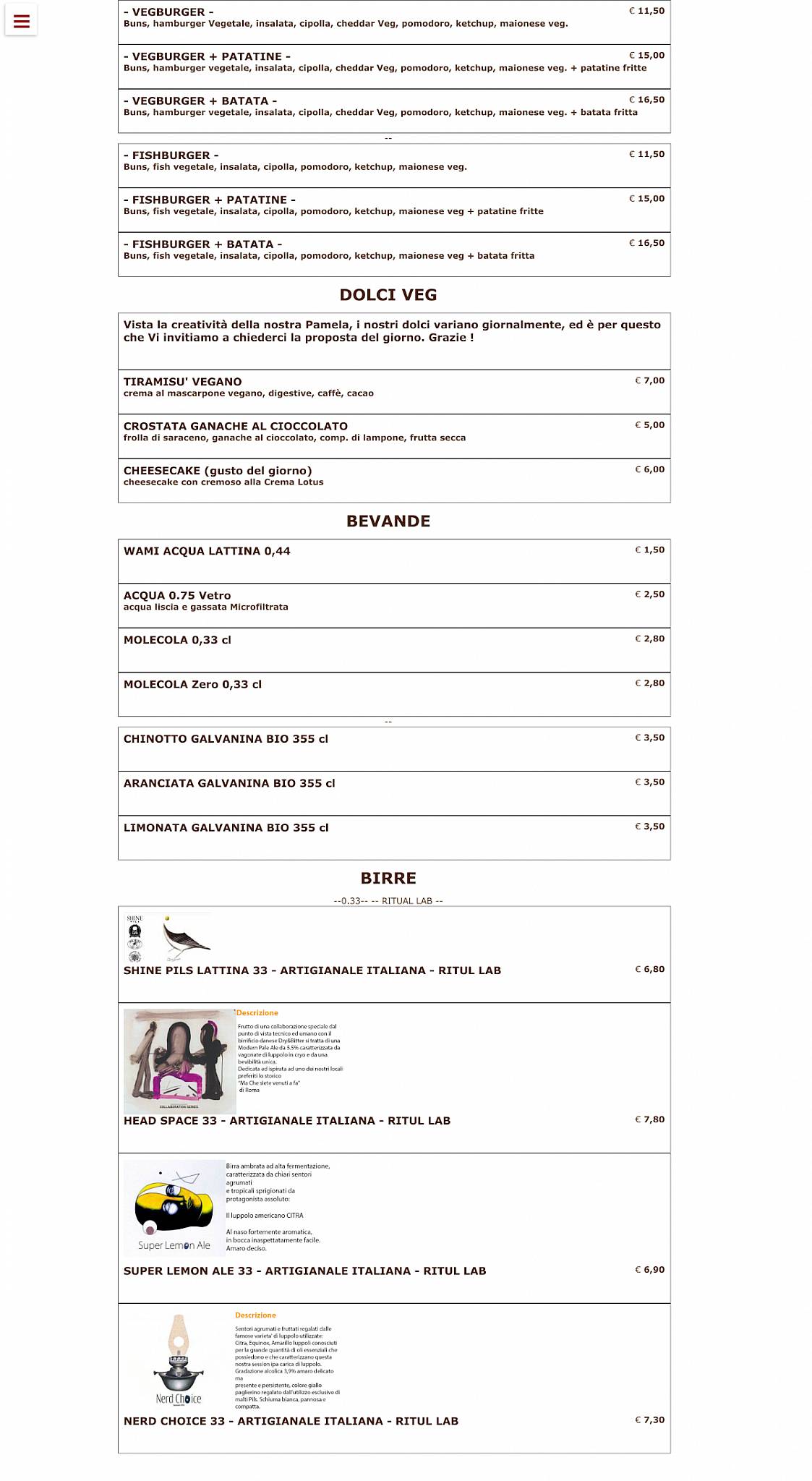 Menu di Al Pachino Roma - Ristorante Vegano 