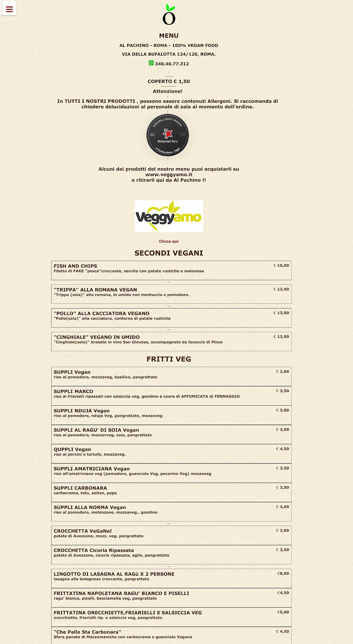 Menu di Al Pachino Roma - Ristorante Vegano 