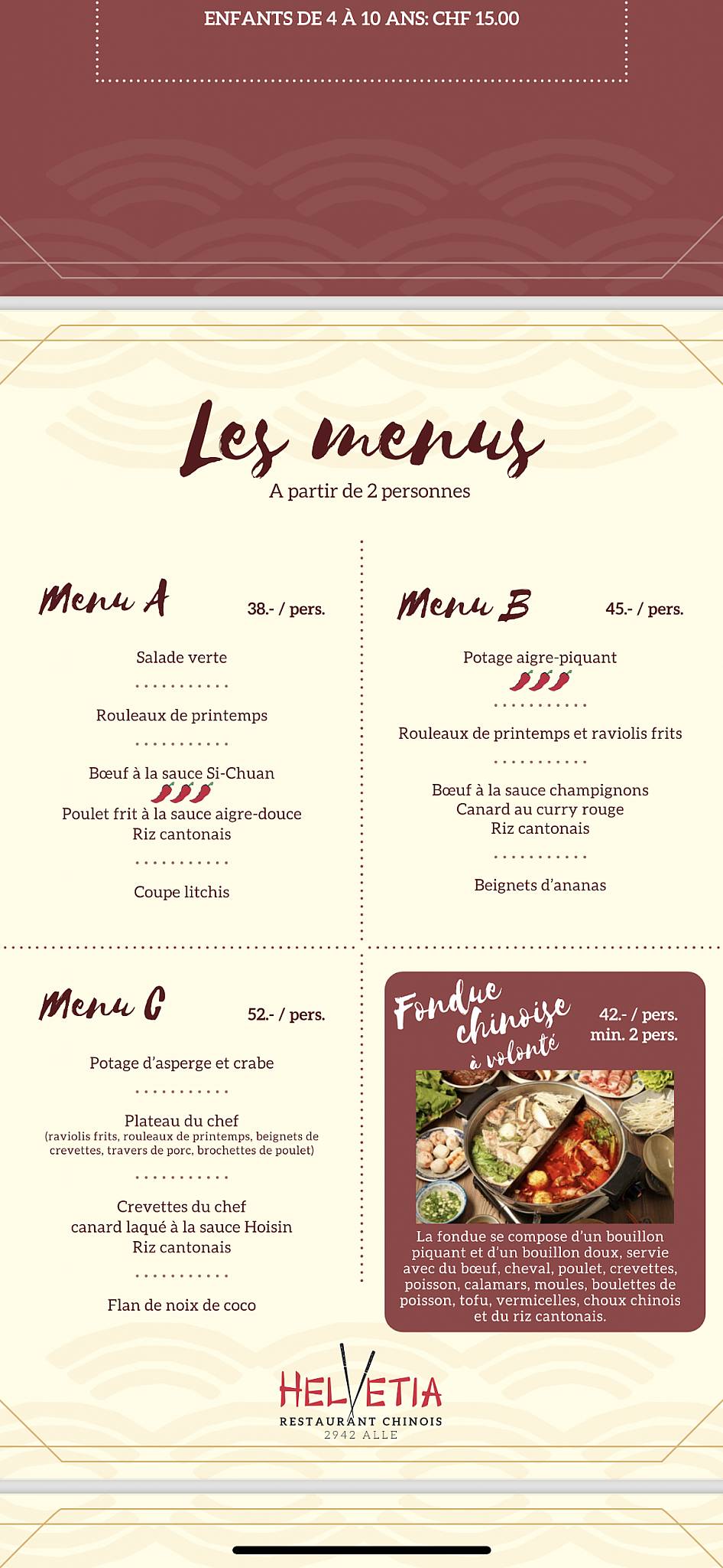 Menu de Hôtel Helvétia
