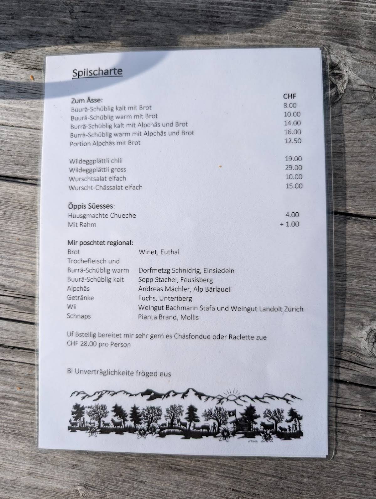 Menu di Alp Wildegg 