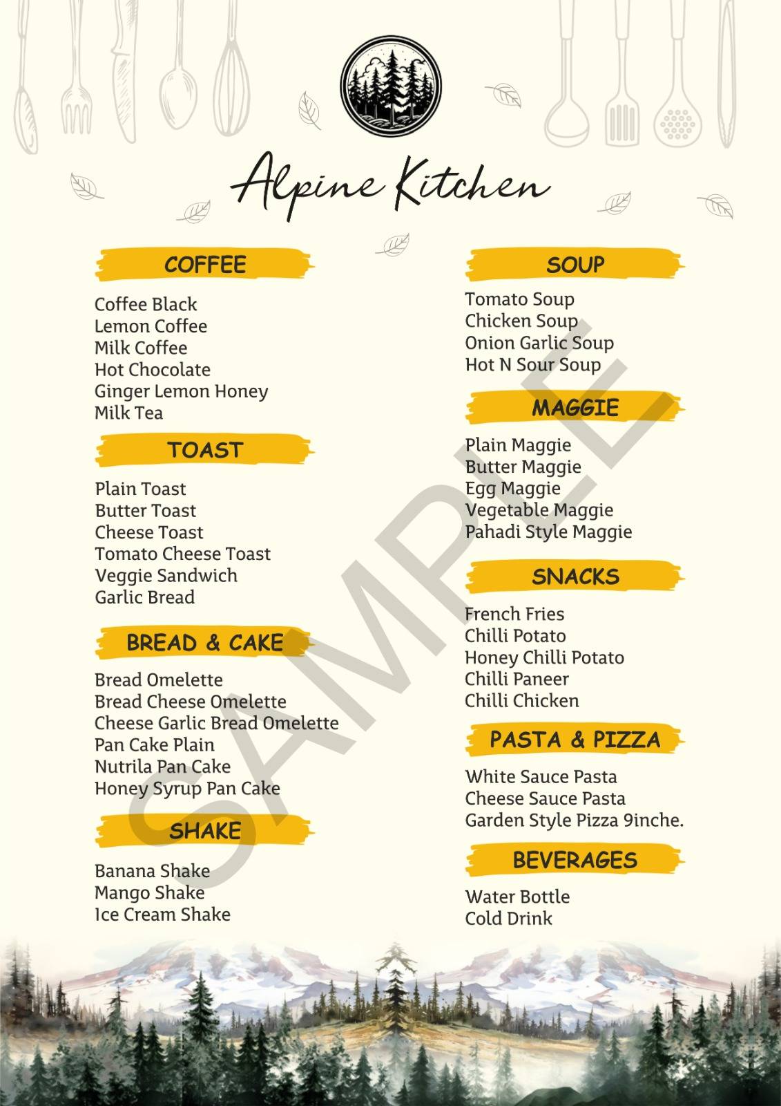Alpine kitchen menu