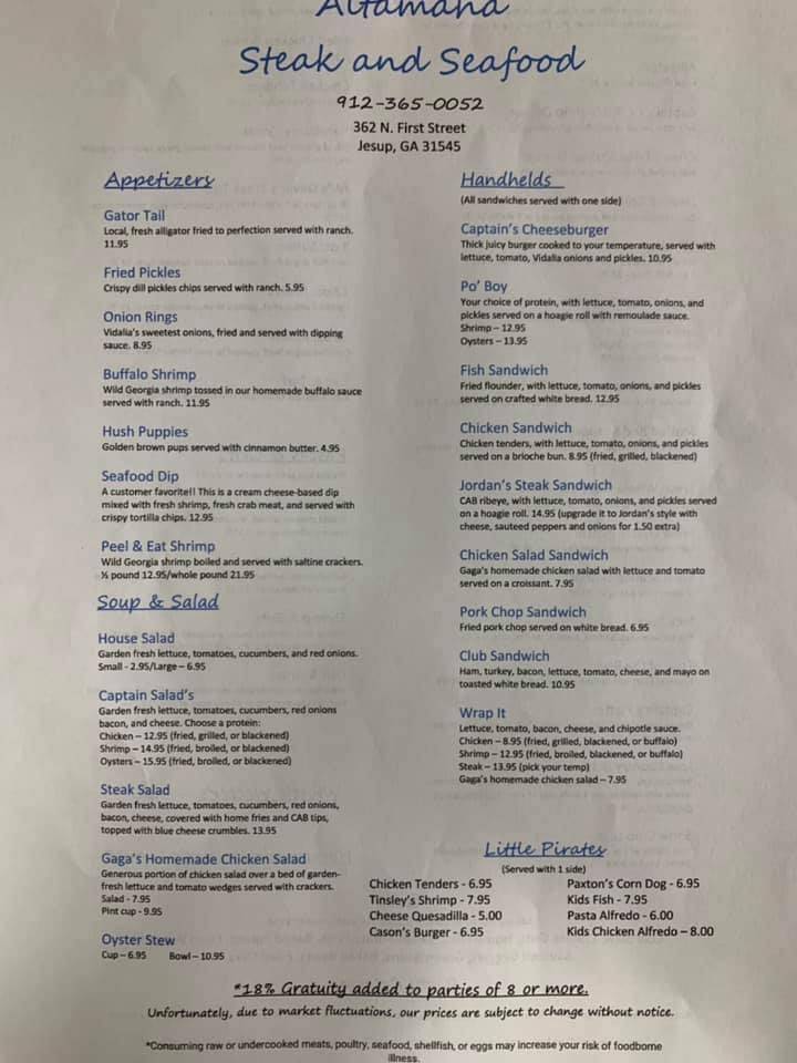 Menu at Altamaha Steak and Seafood steakhouse, Jesup