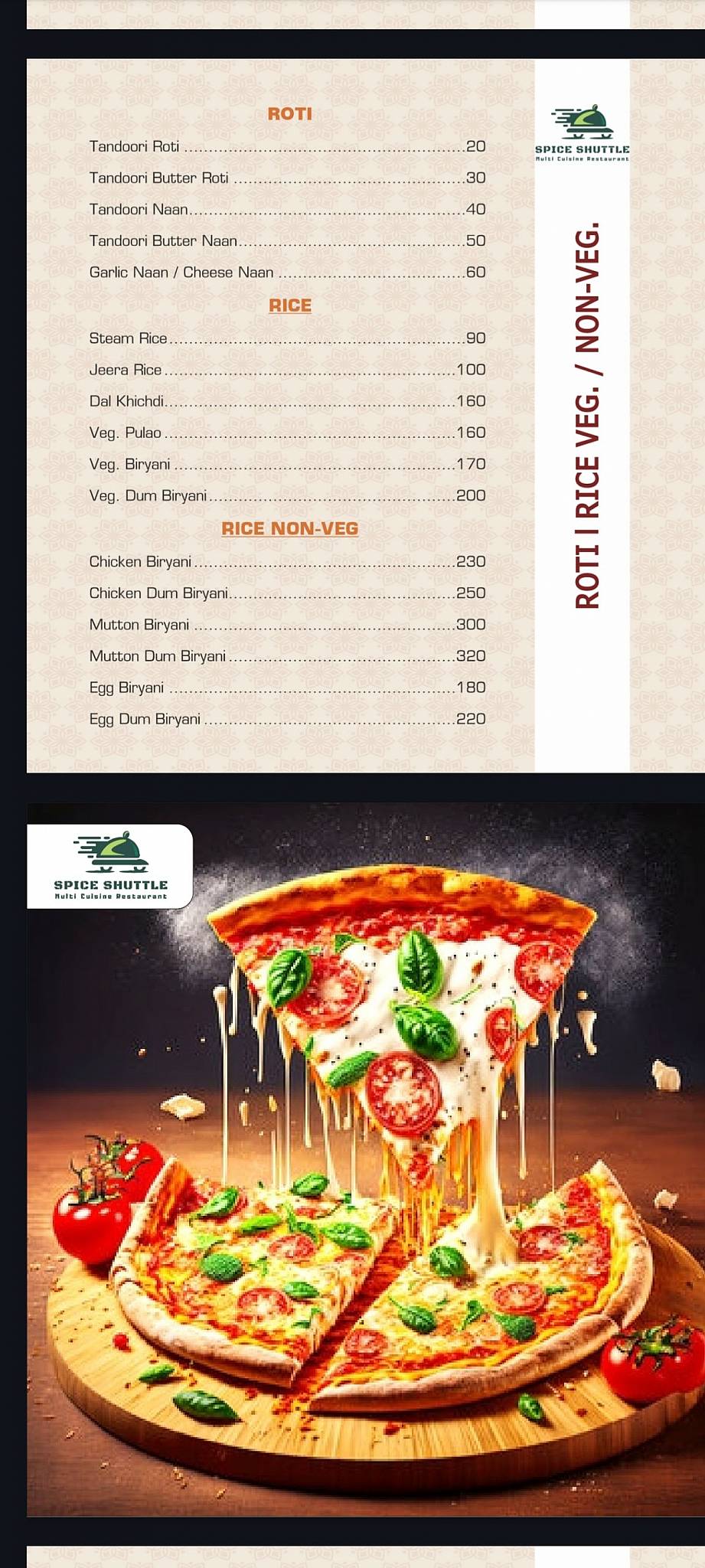 Spice Shuttle menu