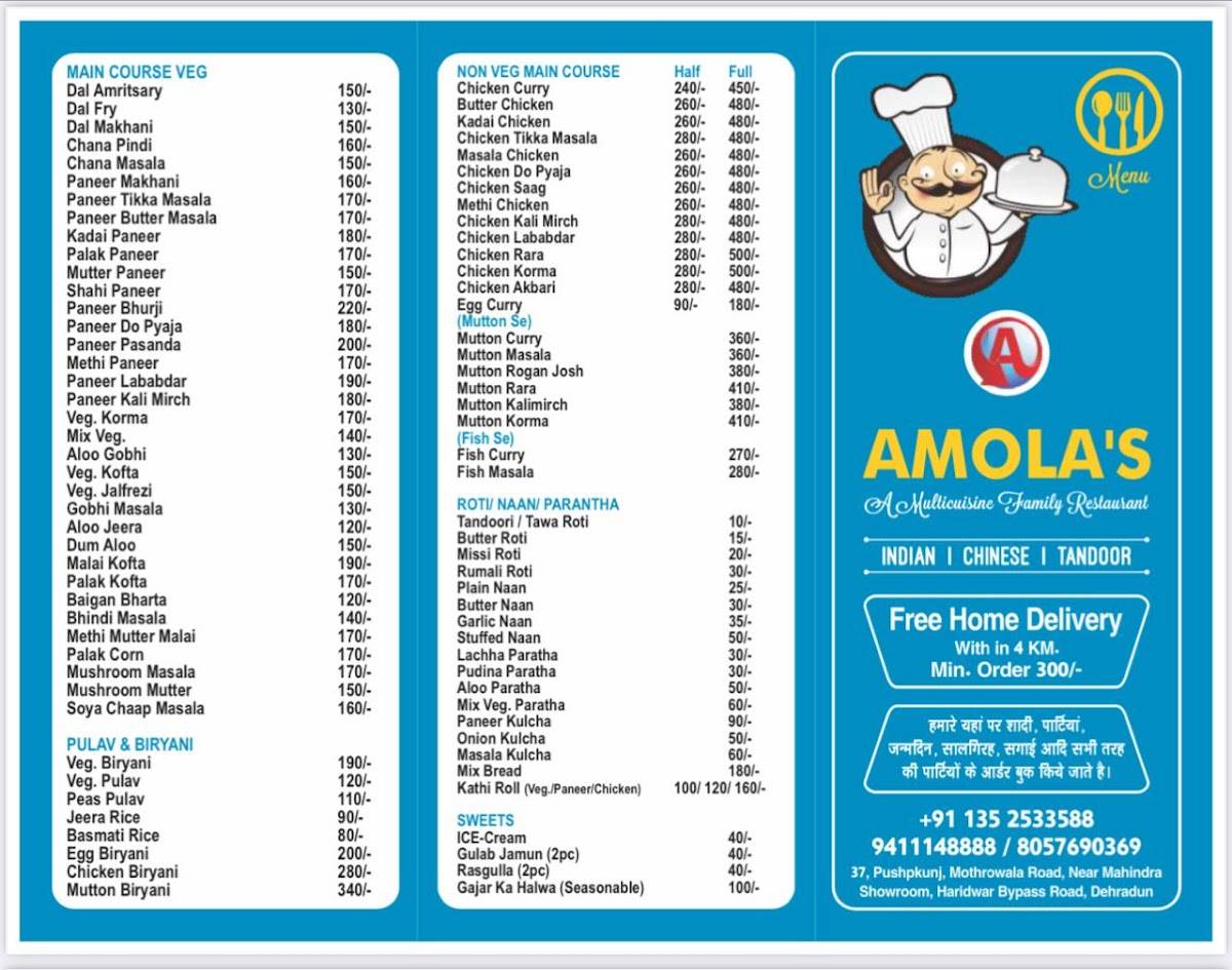Amola's - A Multicuisine Family Restaurant menu