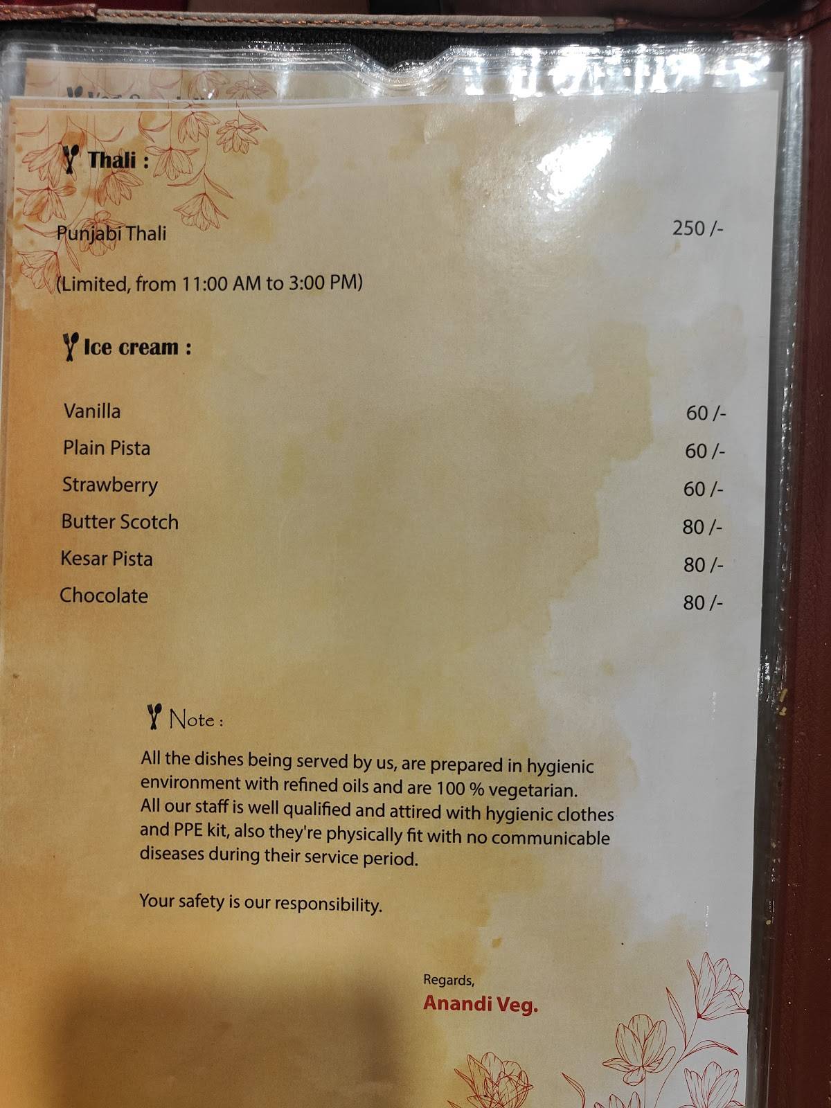 Anandi Veg menu