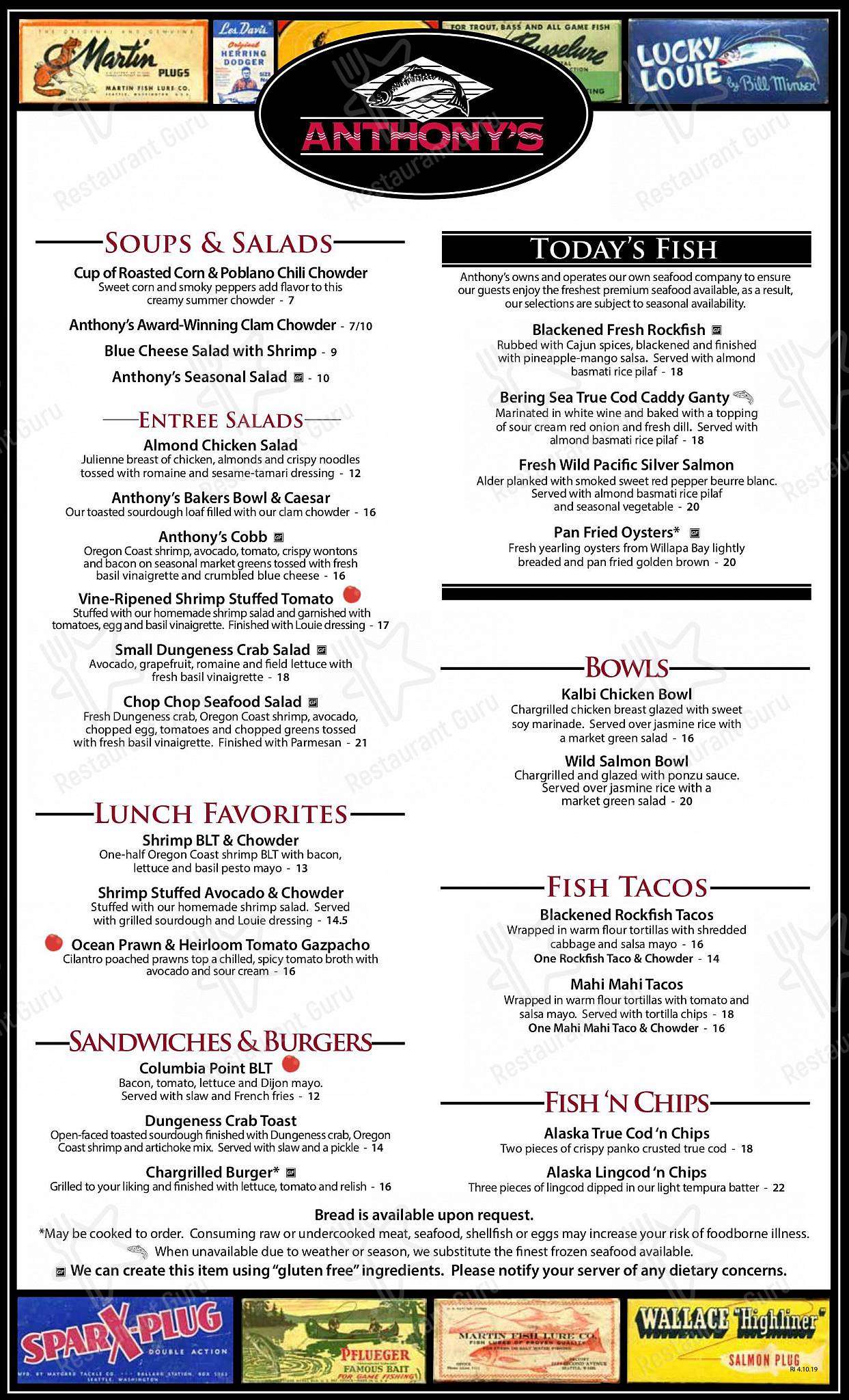 Menu at Anthony's at Columbia Point restaurant, Richland