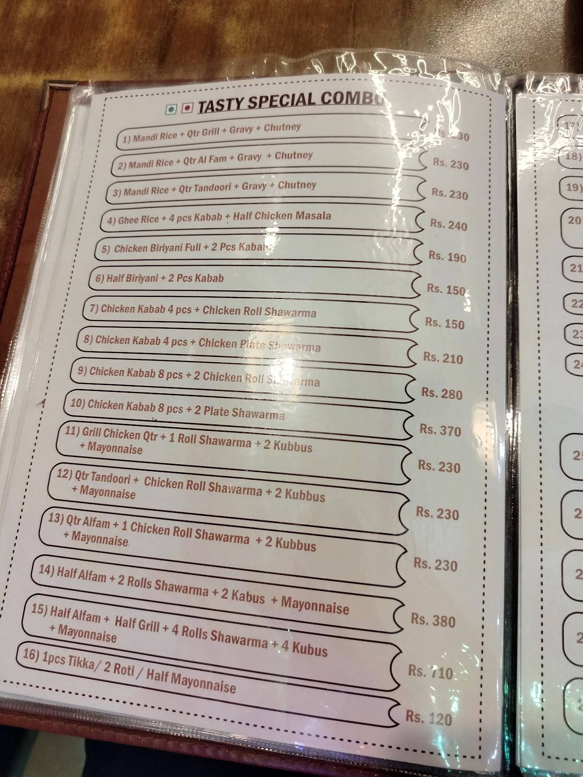 Arabian Tasty family restaurant menu