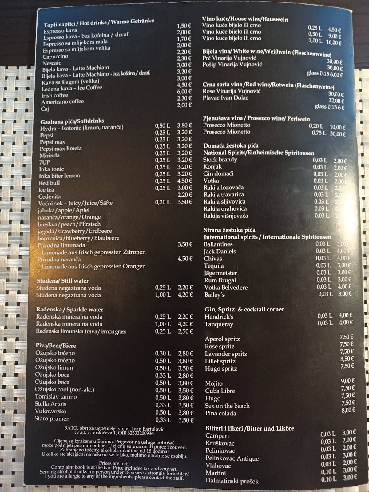 Menu di Aria Restaurant & Bar 