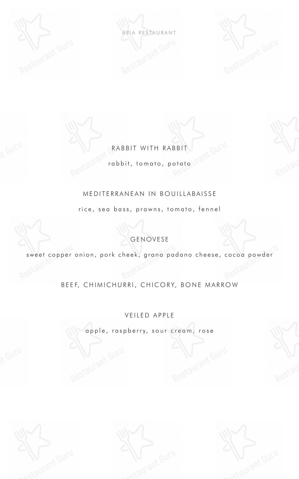 Menu di Aria Restaurant - Menu bar