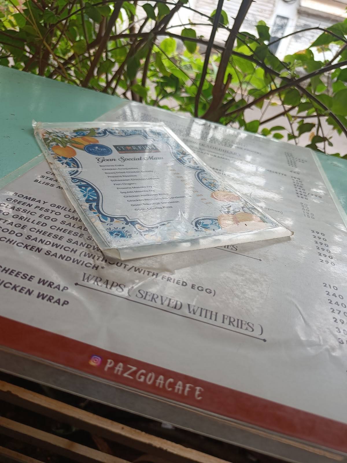 PAZ GOA CAFE Vagator menu